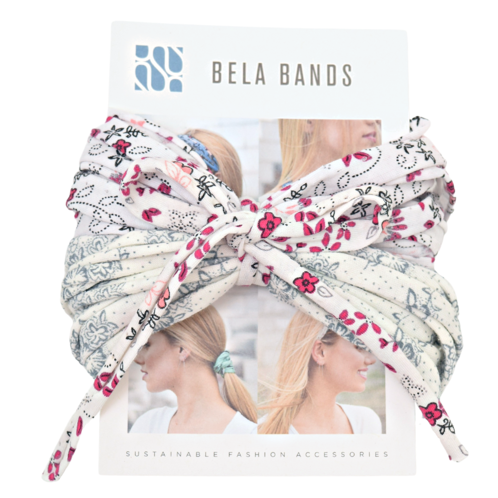 Two stylish Prints + Patterned Bela Bands in vibrant colors, showcasing their versatility as headbands and bracelets.