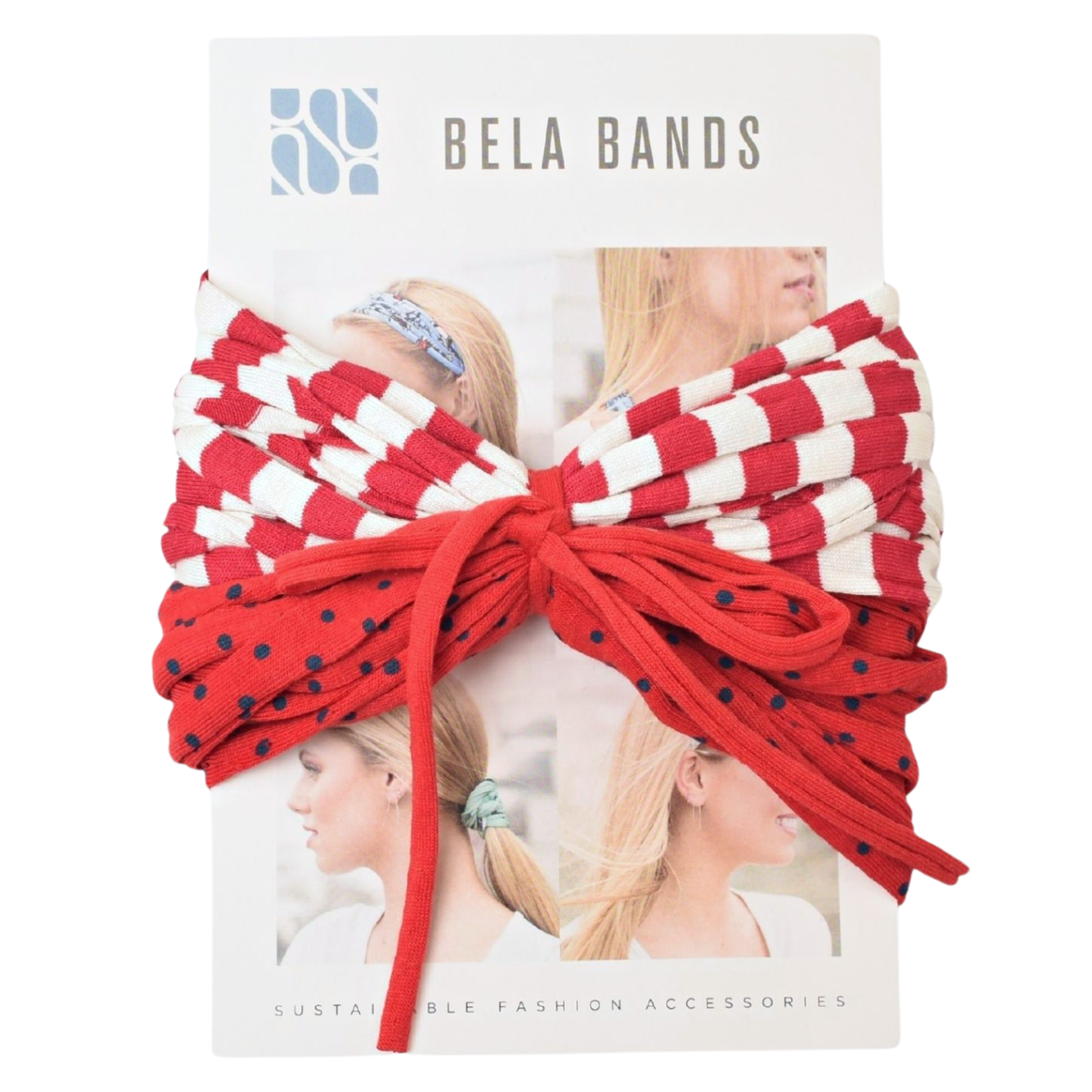 Two stylish Prints + Patterned Bela Bands in vibrant colors, showcasing their versatility as headbands and bracelets.