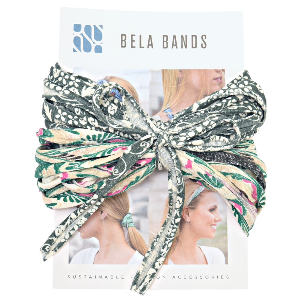 Two stylish Prints + Patterned Bela Bands in vibrant colors, showcasing their versatility as headbands and bracelets.