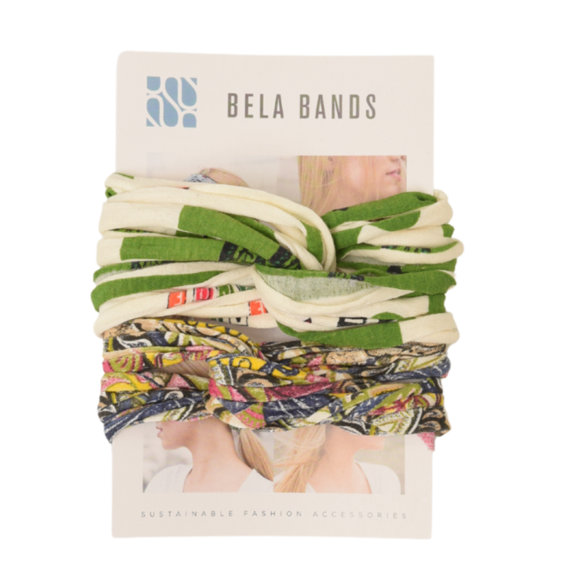 Two stylish Prints + Patterned Bela Bands in vibrant colors, showcasing their versatility as headbands and bracelets.