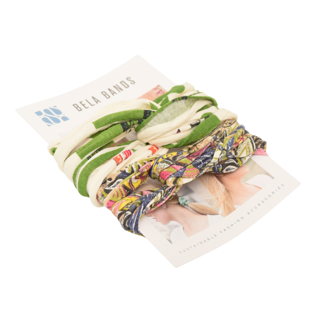 Two stylish Prints + Patterned Bela Bands in vibrant colors, showcasing their versatility as headbands and bracelets.