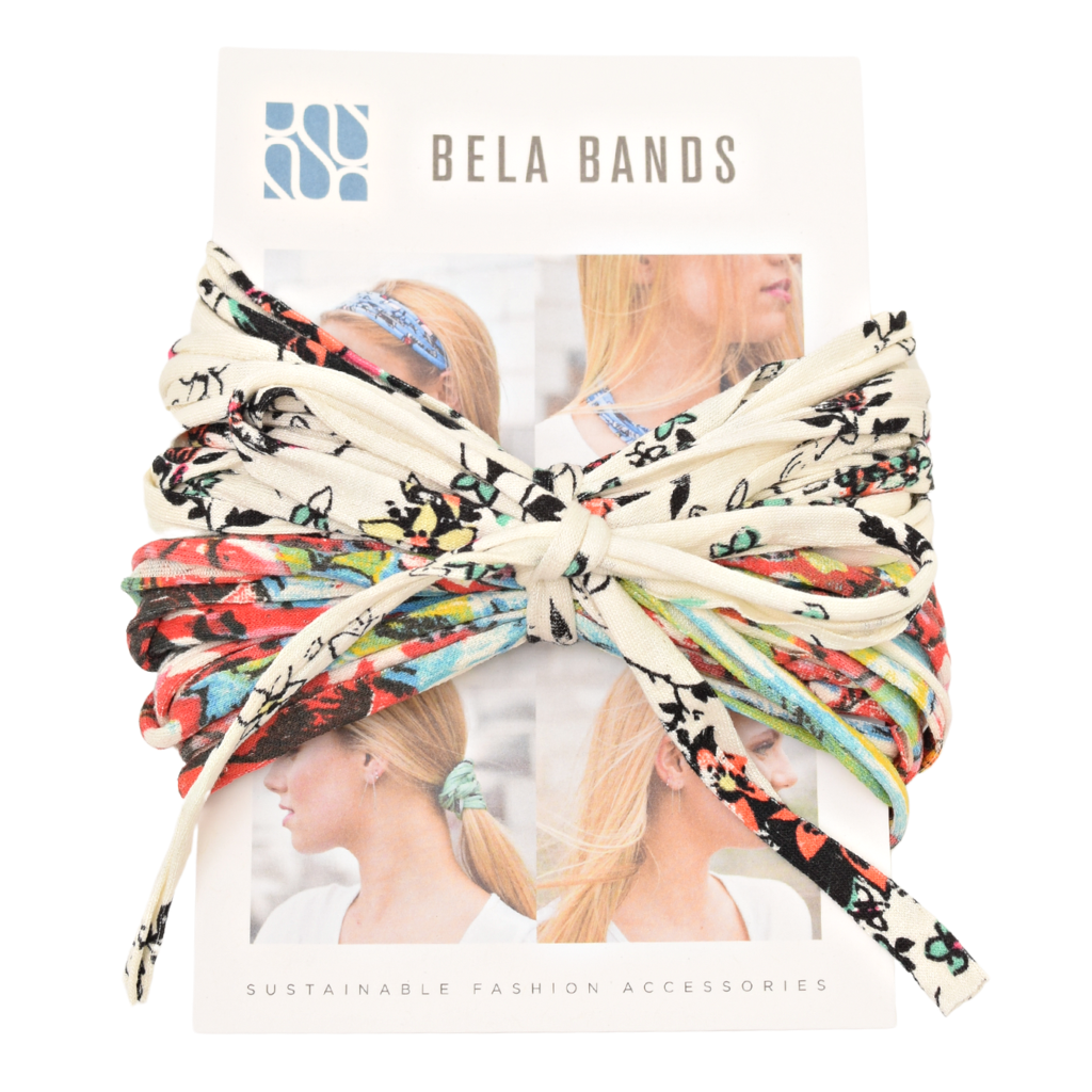 Two stylish Prints + Patterned Bela Bands in vibrant colors, showcasing their versatility as headbands and bracelets.