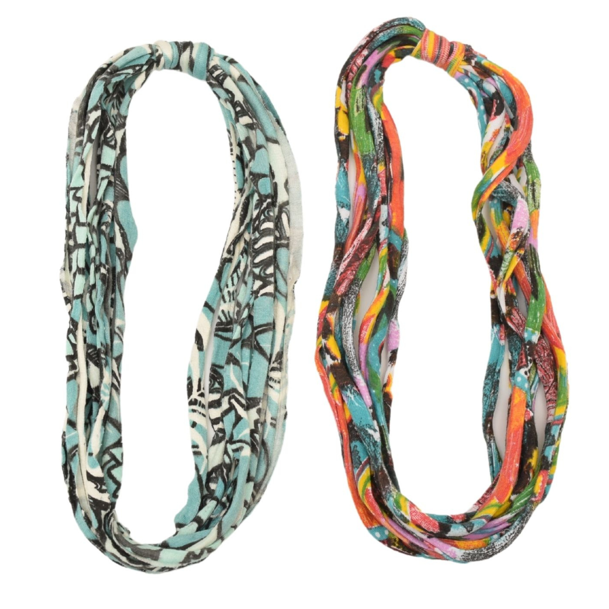 Two stylish Prints + Patterned Bela Bands in vibrant colors, showcasing their versatility as headbands and bracelets.