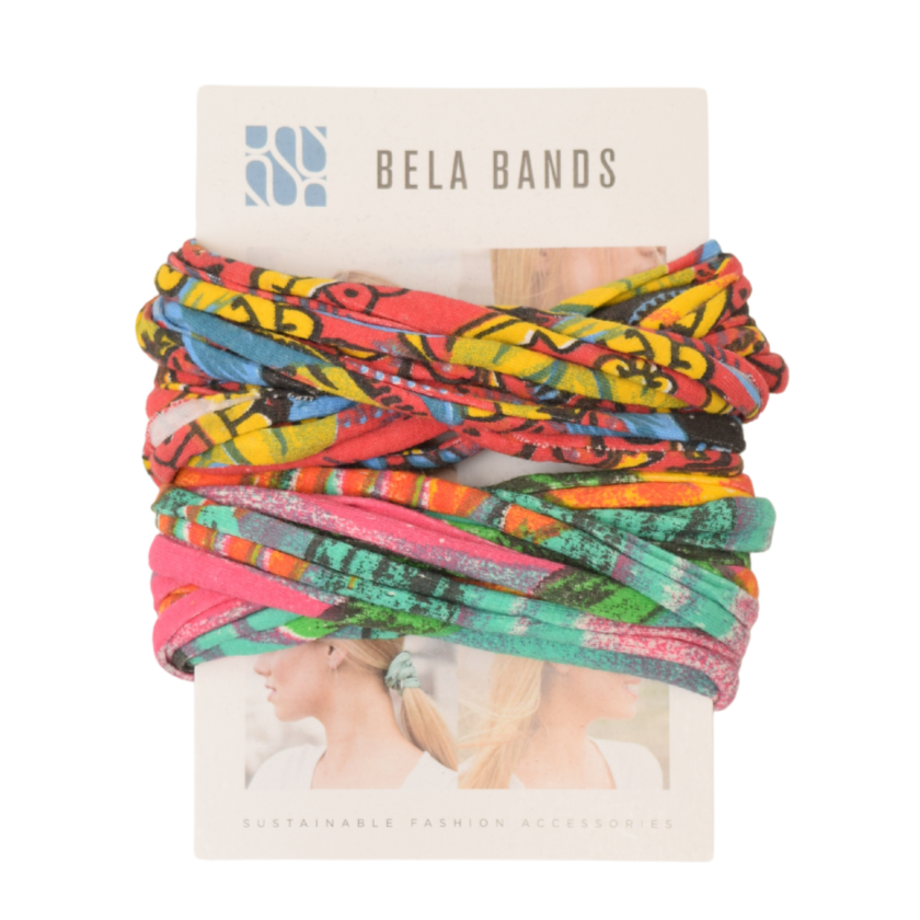 Two stylish Prints + Patterned Bela Bands in vibrant colors, showcasing their versatility as headbands and bracelets.