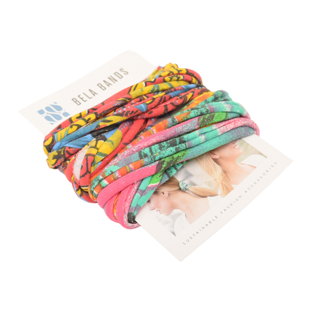 Two stylish Prints + Patterned Bela Bands in vibrant colors, showcasing their versatility as headbands and bracelets.