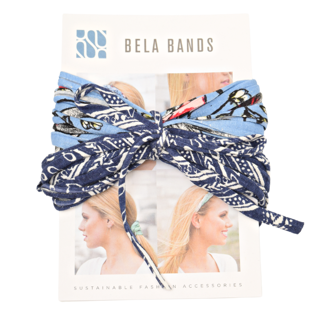 Two stylish Prints + Patterned Bela Bands in vibrant colors, showcasing their versatility as headbands and bracelets.