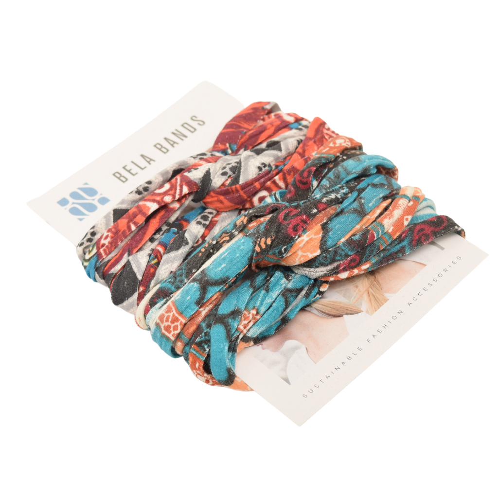 Two stylish Prints + Patterned Bela Bands in vibrant colors, showcasing their versatility as headbands and bracelets.