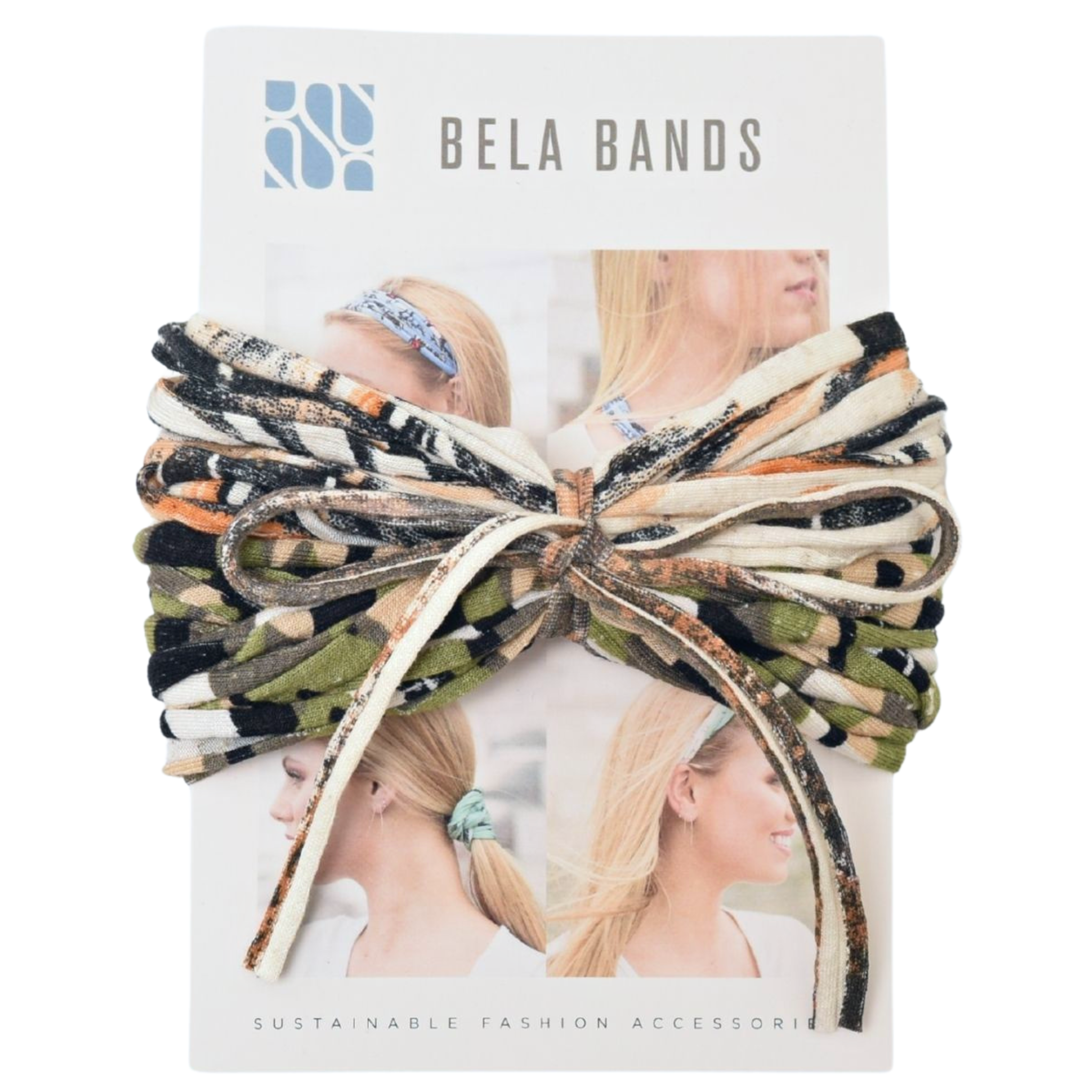 Two stylish Prints + Patterned Bela Bands in vibrant colors, showcasing their versatility as headbands and bracelets.