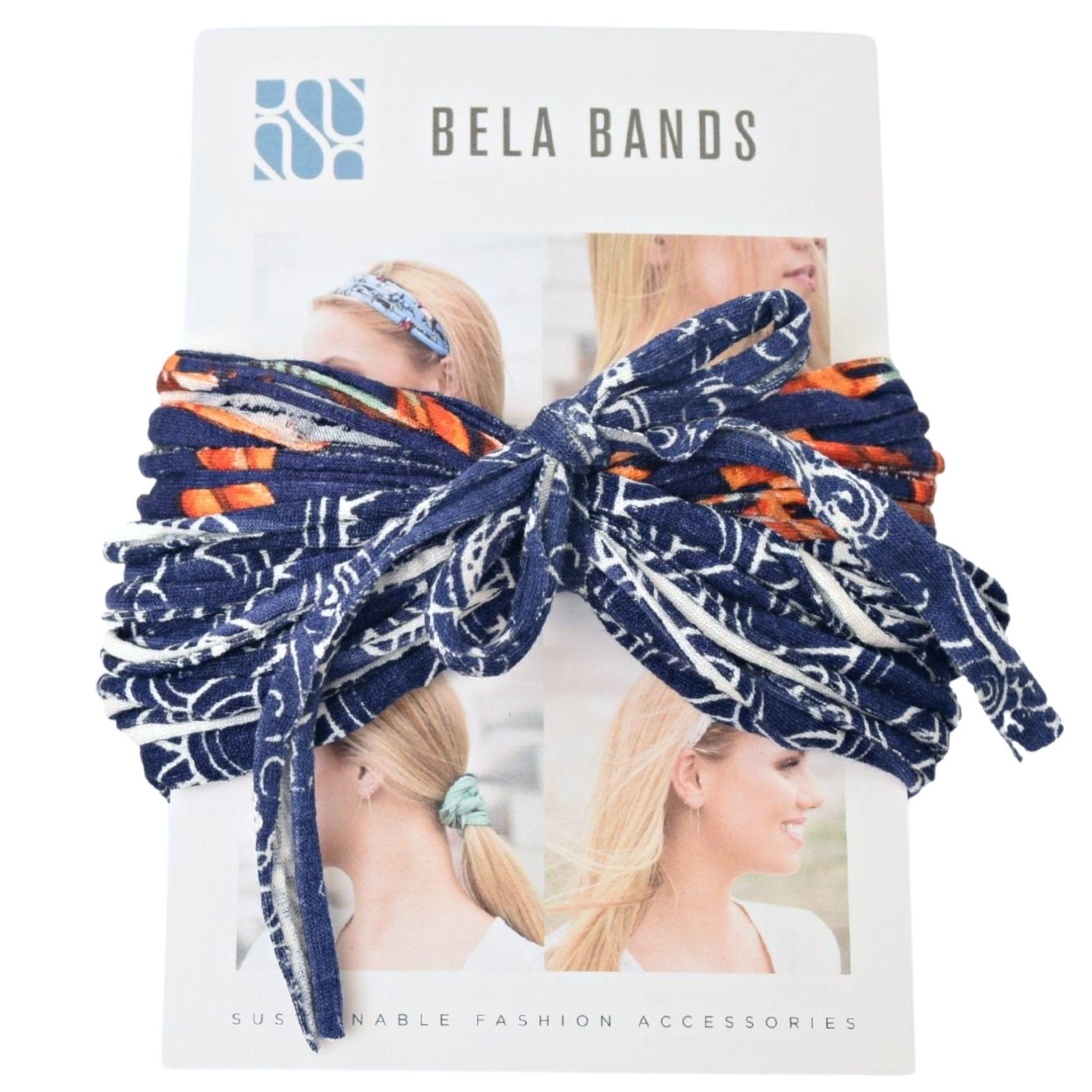 Two stylish Prints + Patterned Bela Bands in vibrant colors, showcasing their versatility as headbands and bracelets.