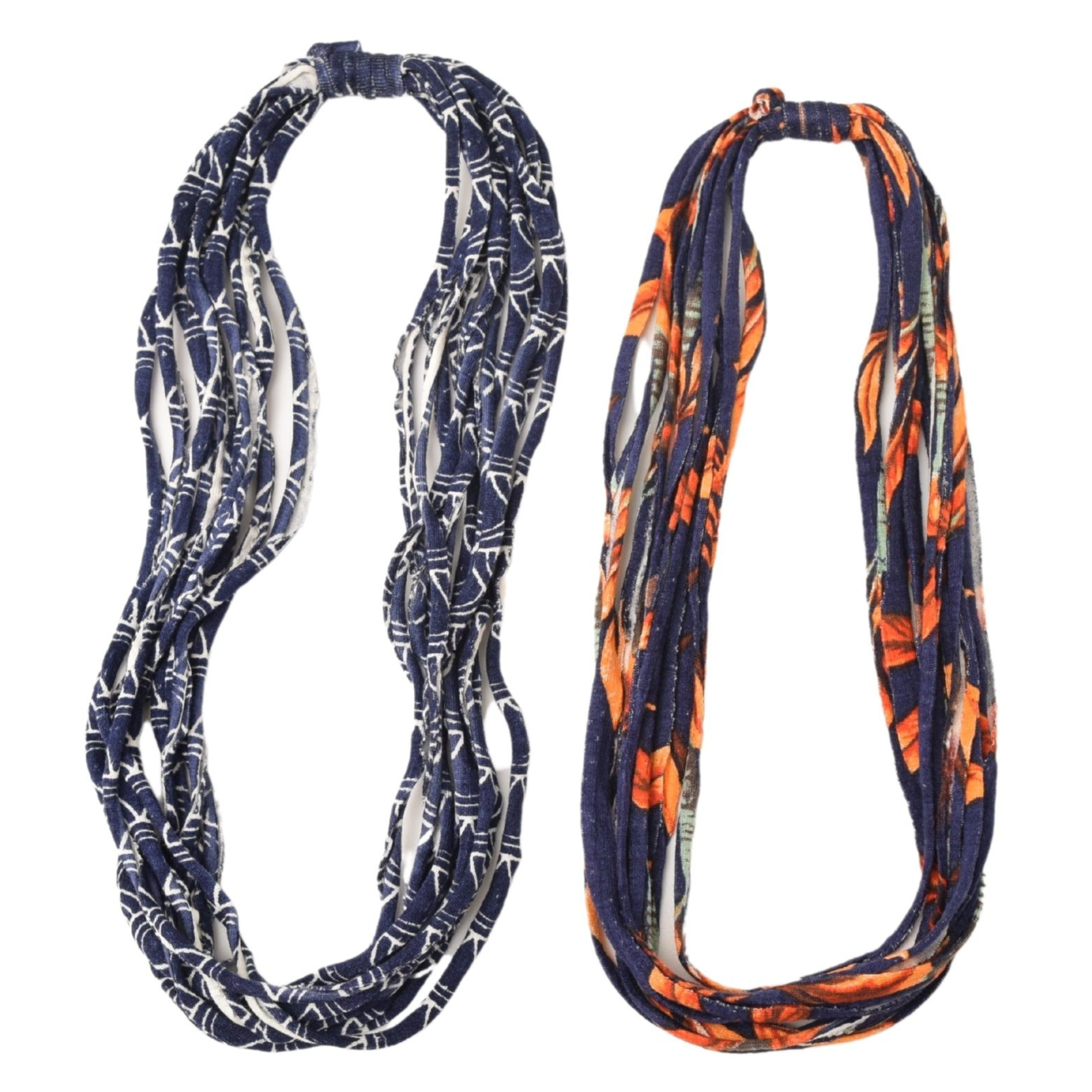 Two stylish Prints + Patterned Bela Bands in vibrant colors, showcasing their versatility as headbands and bracelets.