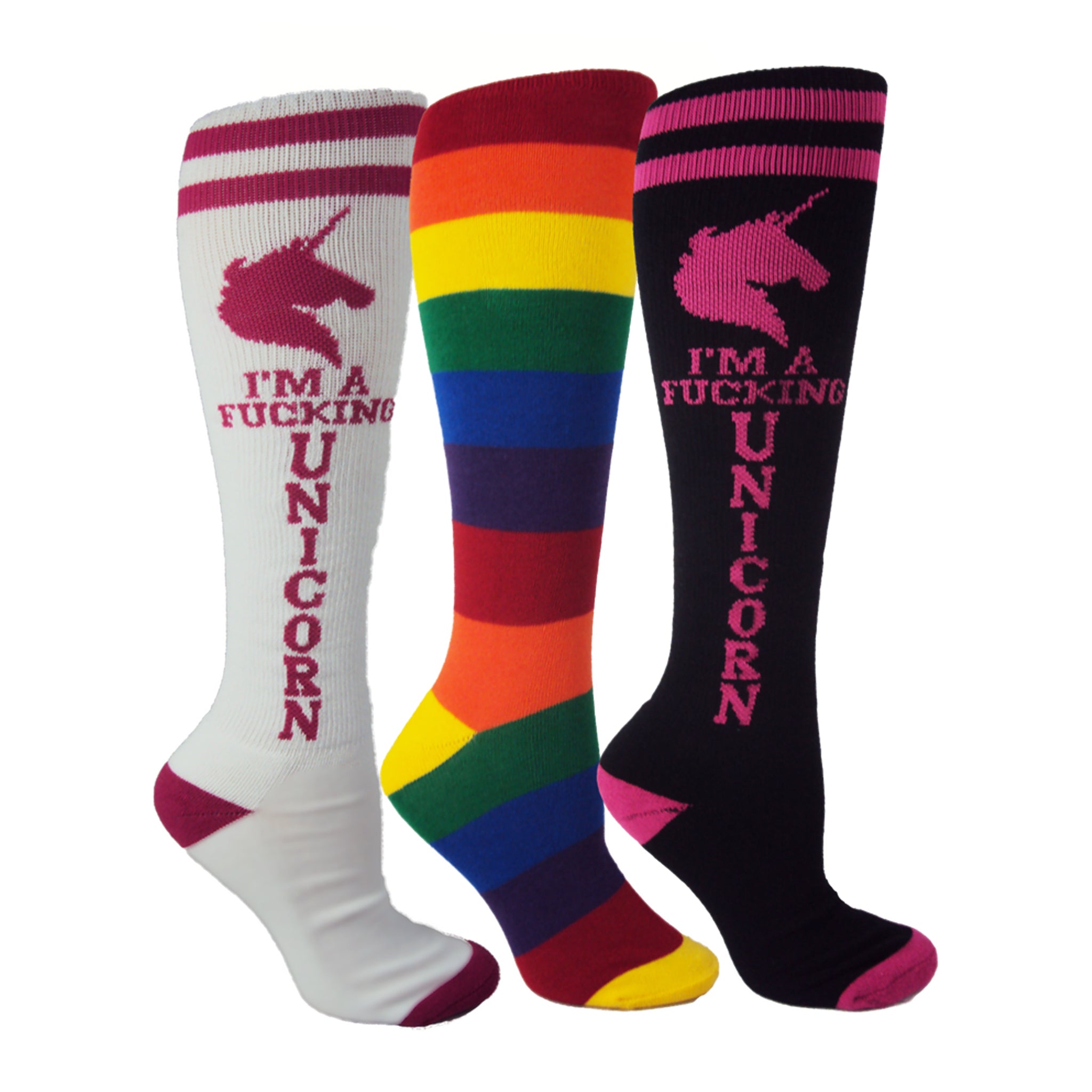 A vibrant 3-pack of knee-high socks featuring unicorn and rainbow designs, perfect for adding a magical touch to any outfit.