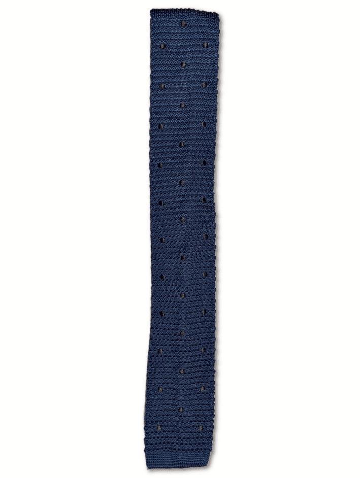 Prussian Blue Polka Dot Knitted Tie featuring brown polka dots on a silk fabric, showcasing a square end design.