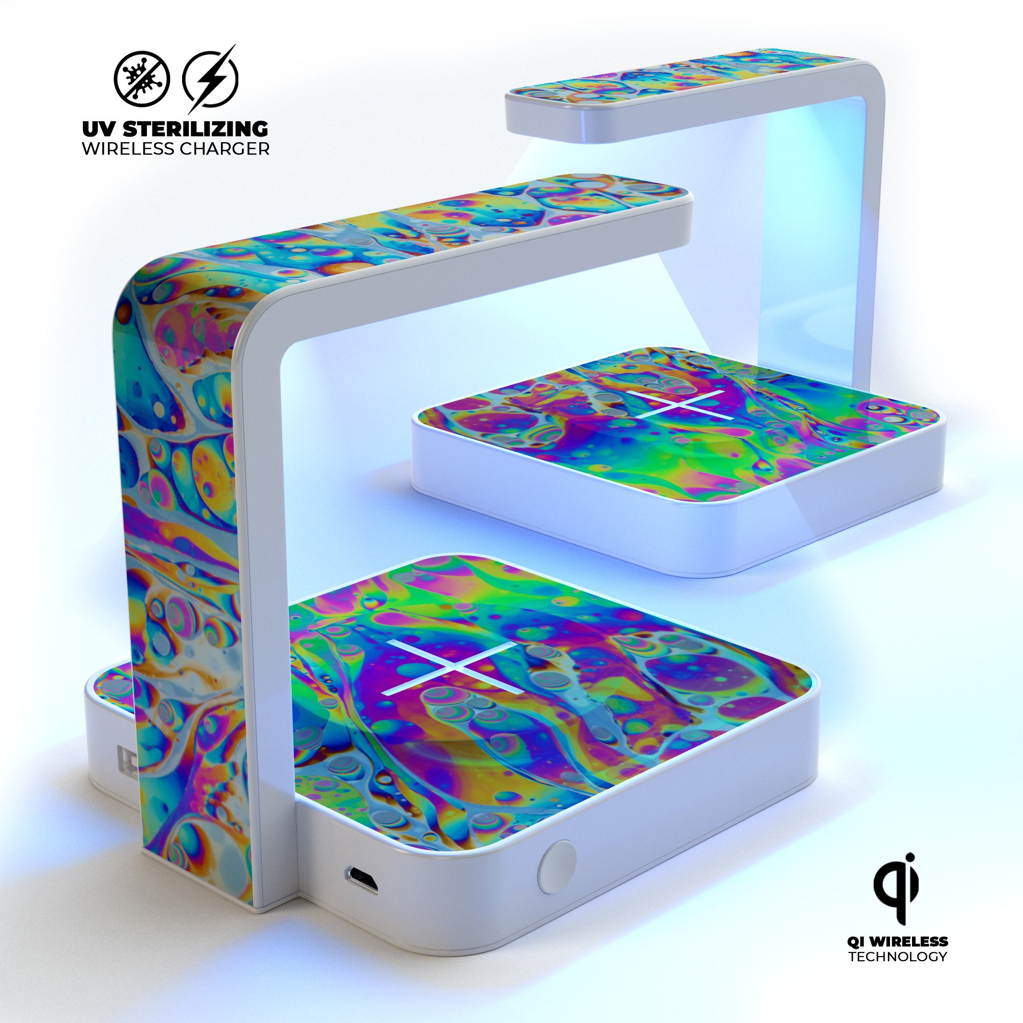 Psychedelic Abstract Oiled Vision V2 UV Germicidal Sanitizing wireless charger with decorative skin and USB cable.