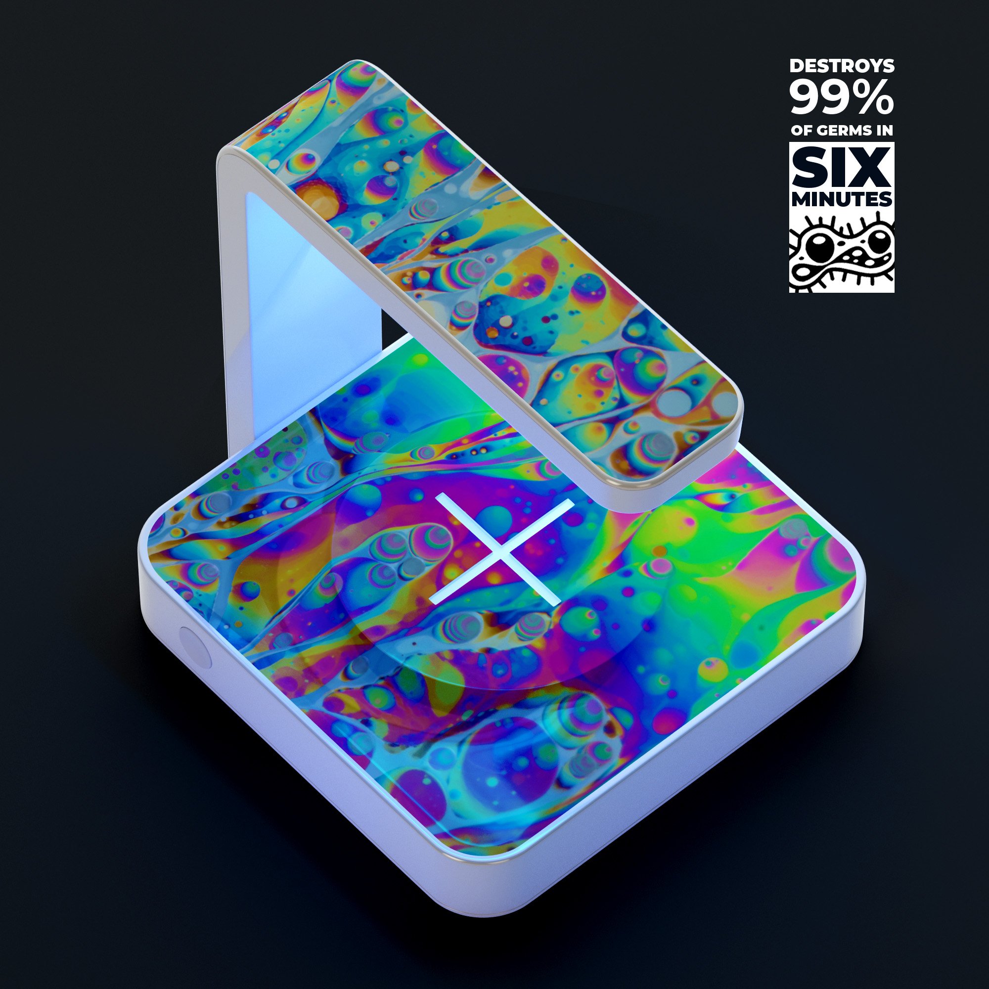 Psychedelic Abstract Oiled Vision V2 UV Germicidal Sanitizing wireless charger with decorative skin and USB cable.