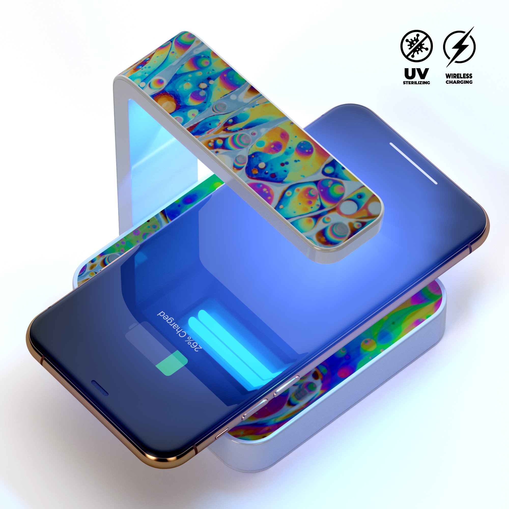 Psychedelic Abstract Oiled Vision V2 UV Germicidal Sanitizing wireless charger with decorative skin and USB cable.