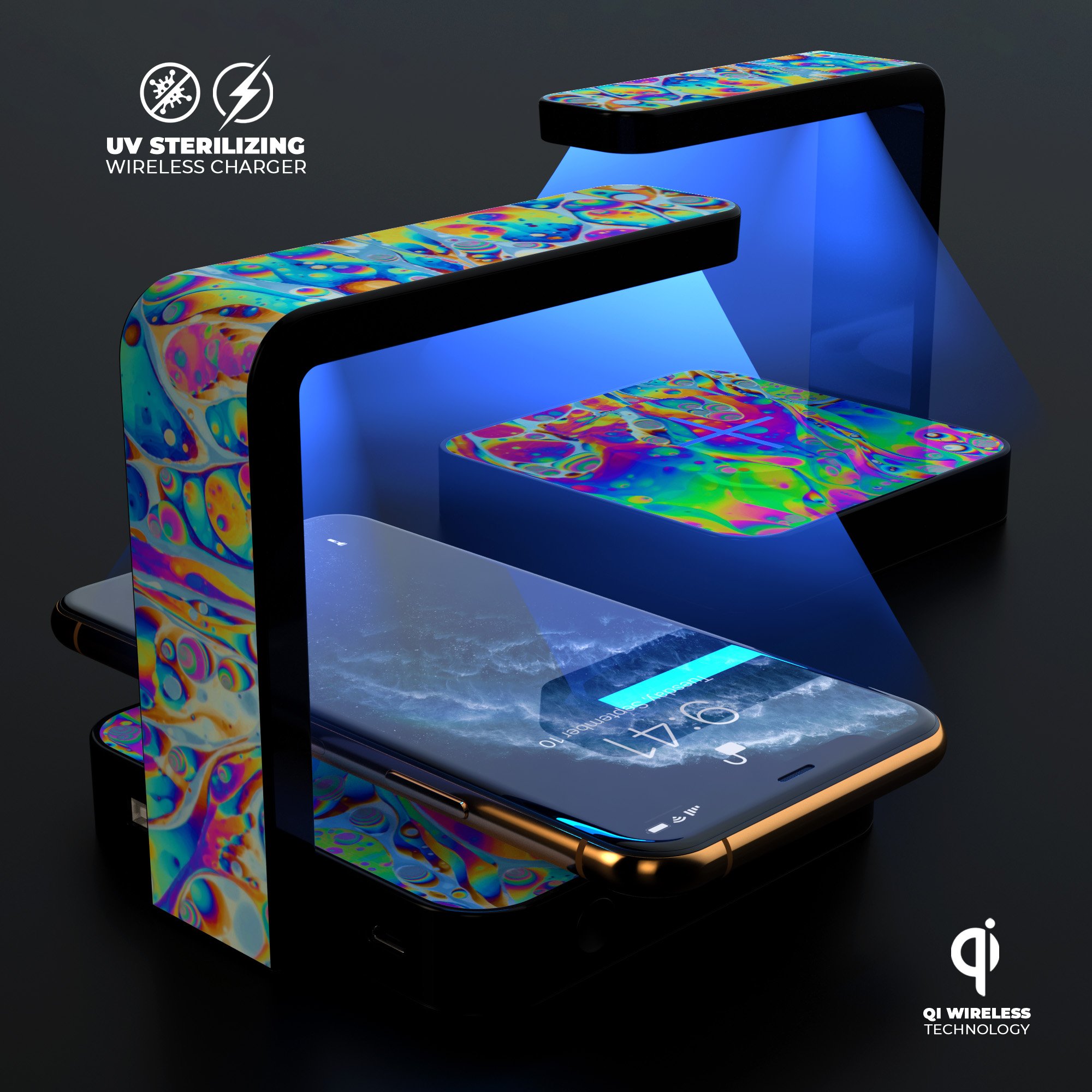 Psychedelic Abstract Oiled Vision V2 UV Germicidal Sanitizing wireless charger with decorative skin and USB cable.