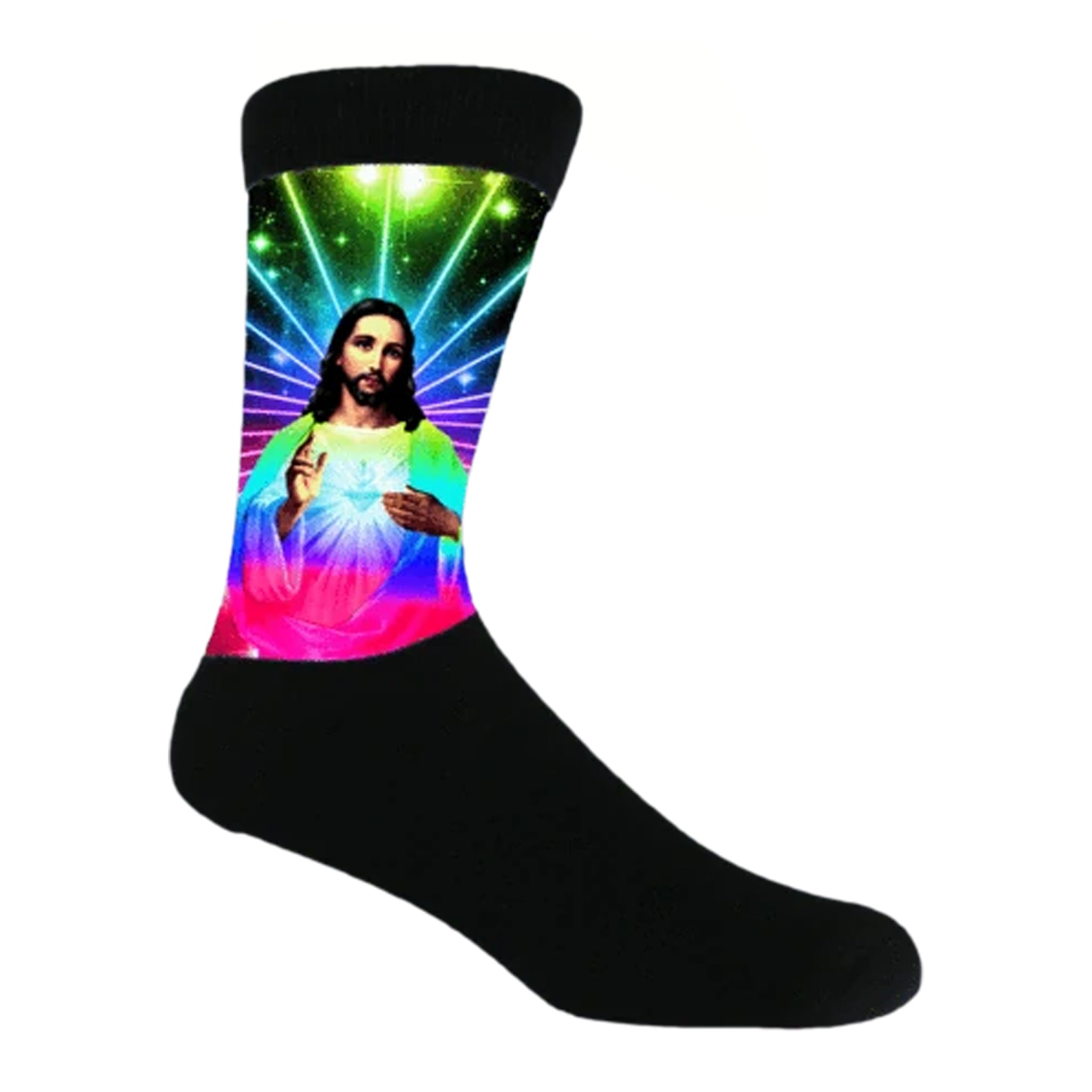 Psychedelic Jesus Crew Socks featuring a vibrant design of Jesus dancing at a disco with neon lights, perfect for unique fashion statements.