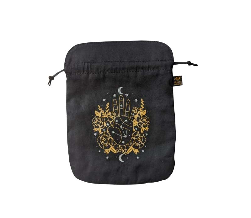 Psychic Intentions Tarot Pouch made of organic cotton with Selenite ink, featuring vegan faux suede strings, perfect for tarot card protection.