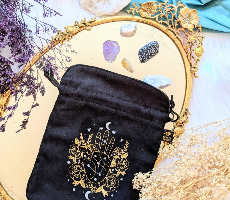 Psychic Intentions Tarot Pouch made of organic cotton with Selenite ink, featuring vegan faux suede strings, perfect for tarot card protection.