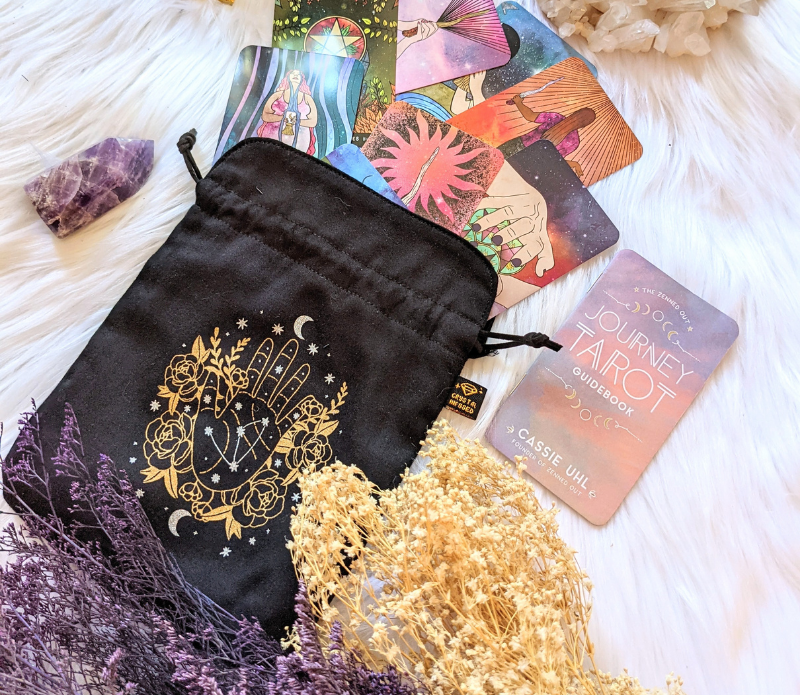 Psychic Intentions Tarot Pouch made of organic cotton with Selenite ink, featuring vegan faux suede strings, perfect for tarot card protection.