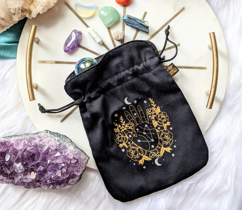 Psychic Intentions Tarot Pouch made of organic cotton with Selenite ink, featuring vegan faux suede strings, perfect for tarot card protection.