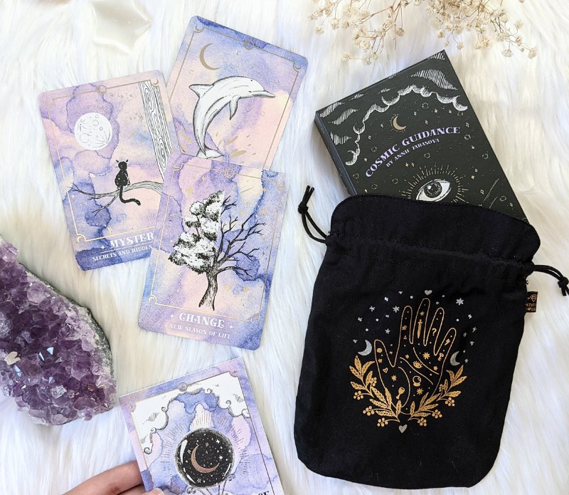 Psychic Intentions Tarot Pouch made of organic cotton with Selenite ink, featuring vegan faux suede strings, perfect for tarot card protection.