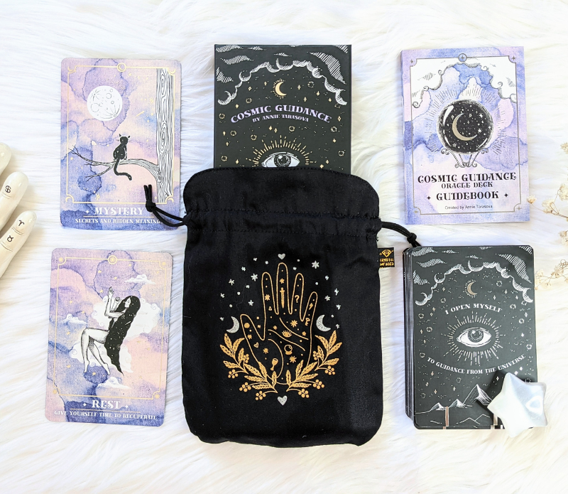 Psychic Intentions Tarot Pouch made of organic cotton with Selenite ink, featuring vegan faux suede strings, perfect for tarot card protection.