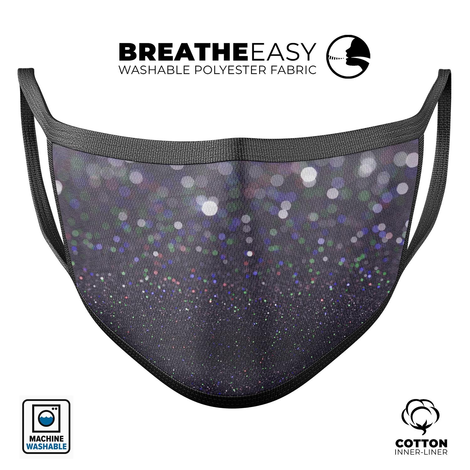 Purple and black reusable mouth cover featuring unfocused orbs of light design, made in the USA with adjustable ear loops.