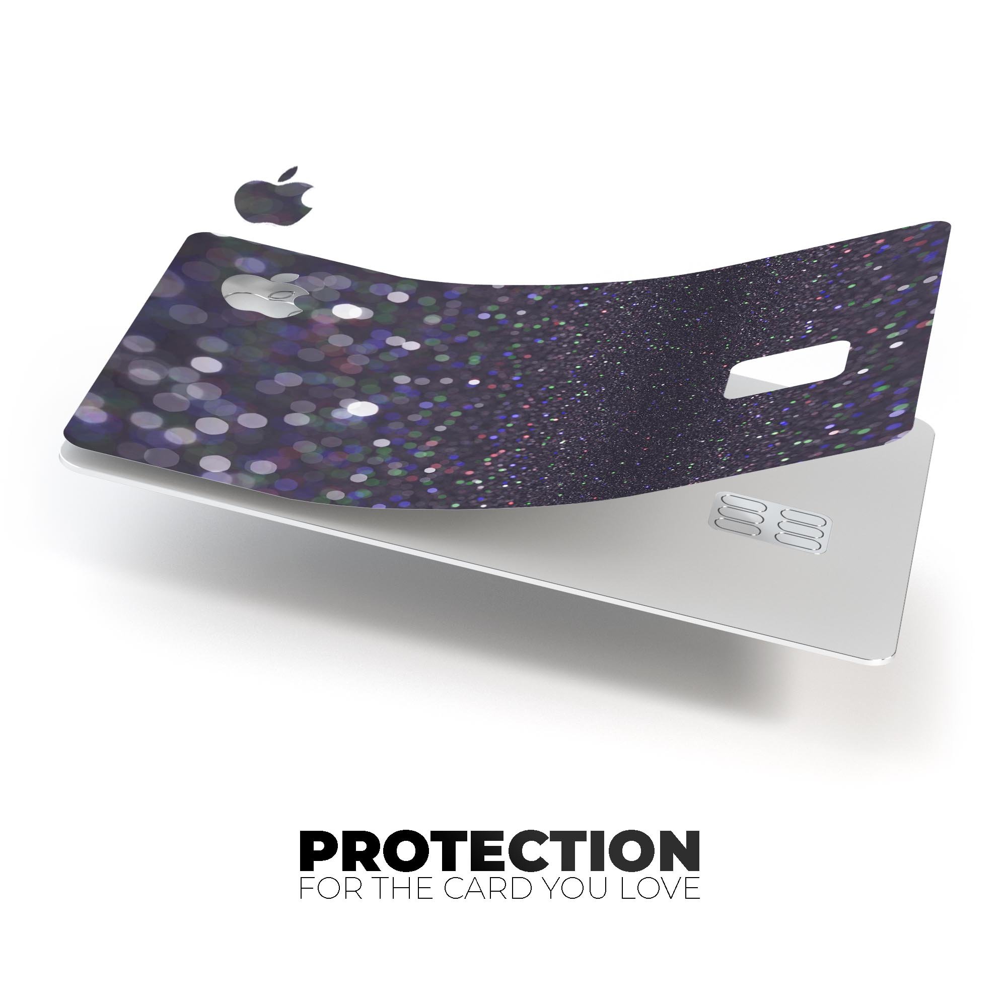 Purple and black premium protective decal for Apple Card featuring unfocused orbs of light design.