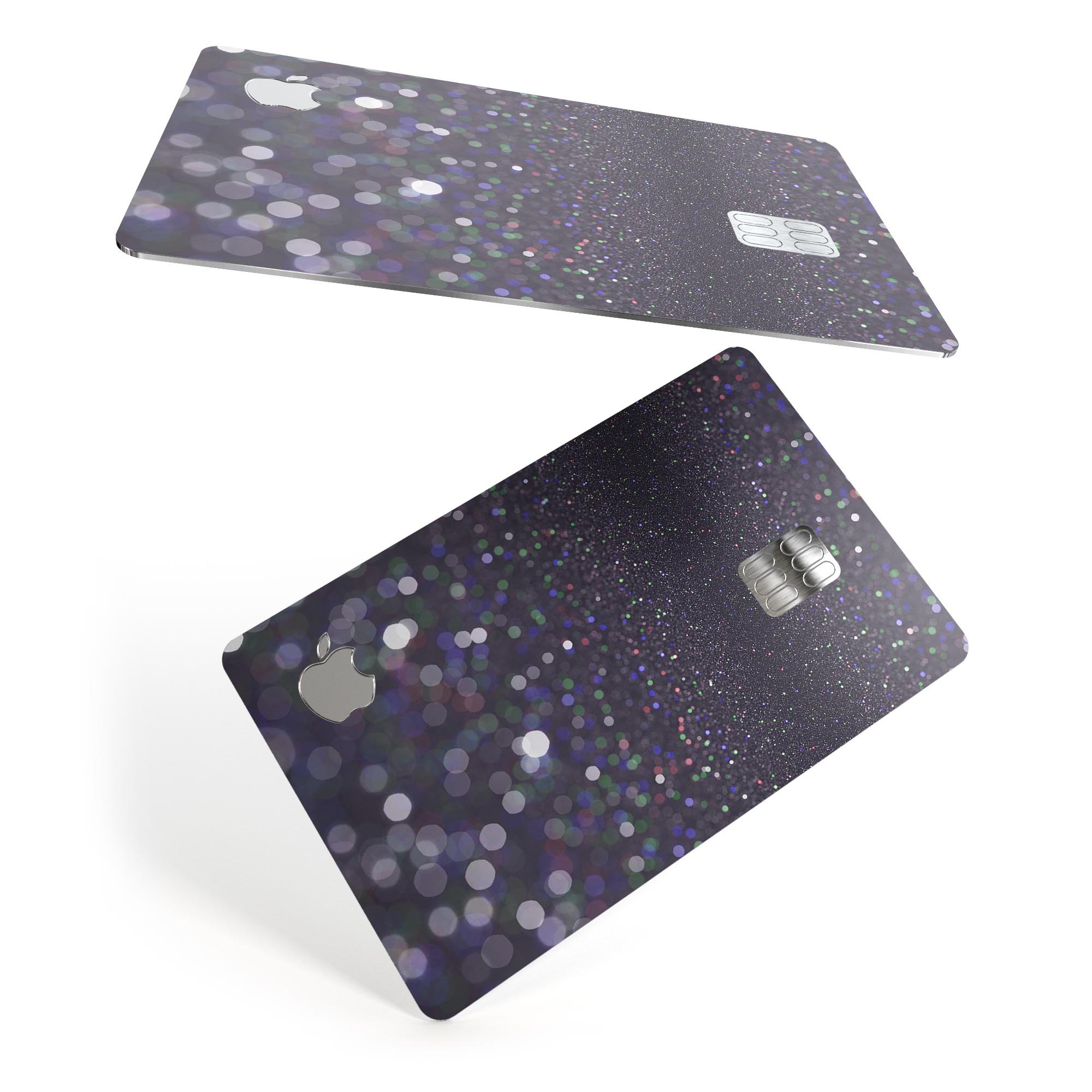 Purple and black premium protective decal for Apple Card featuring unfocused orbs of light design.