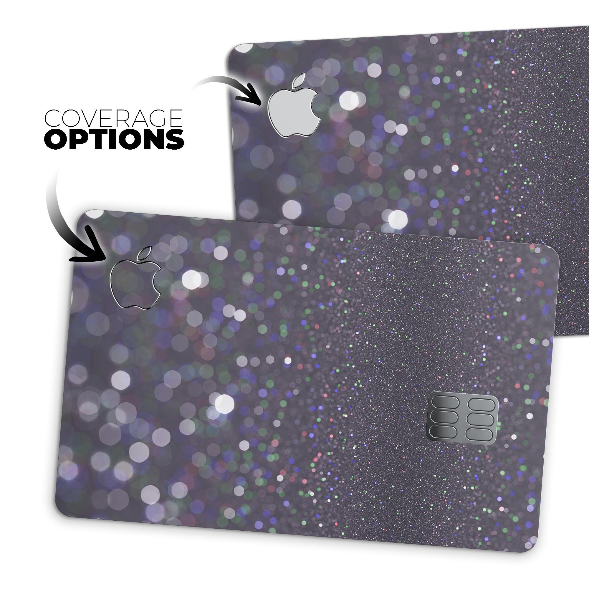 Purple and black premium protective decal for Apple Card featuring unfocused orbs of light design.