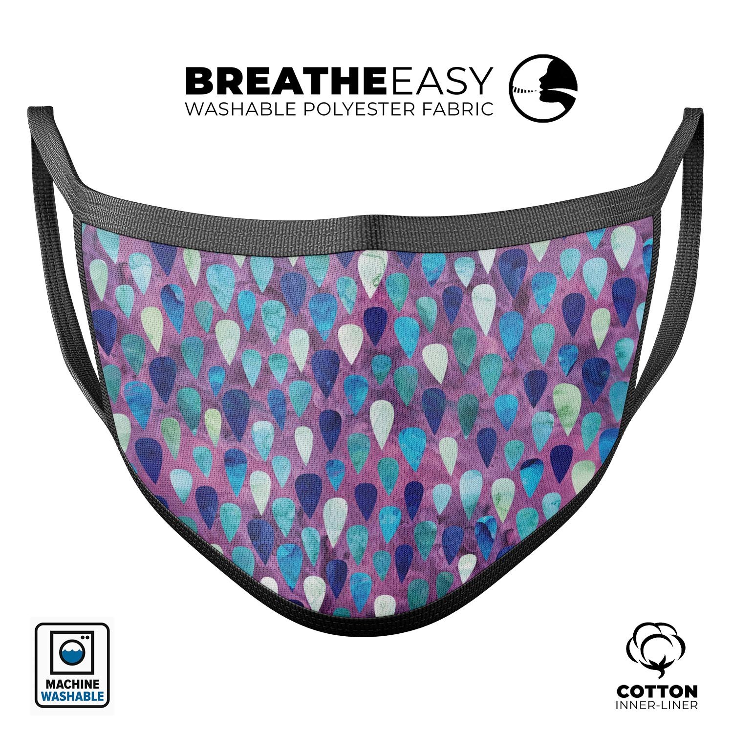 Purple and Blue Upside Down Teardrop Watercolor Pattern face mask, showcasing vibrant colors and adjustable ear loops.