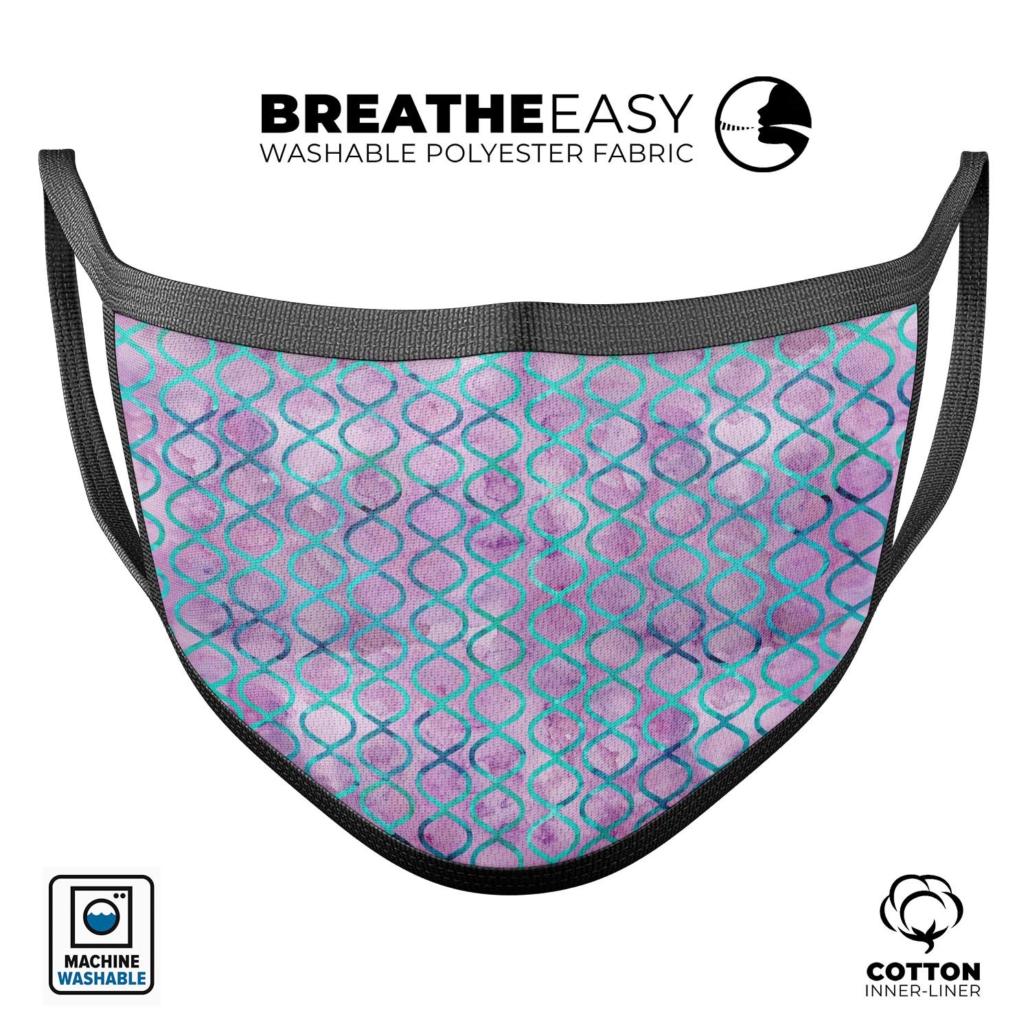 Purple and Blue Watercolor Helix Pattern mouth cover, showcasing vibrant colors and adjustable ear loops.