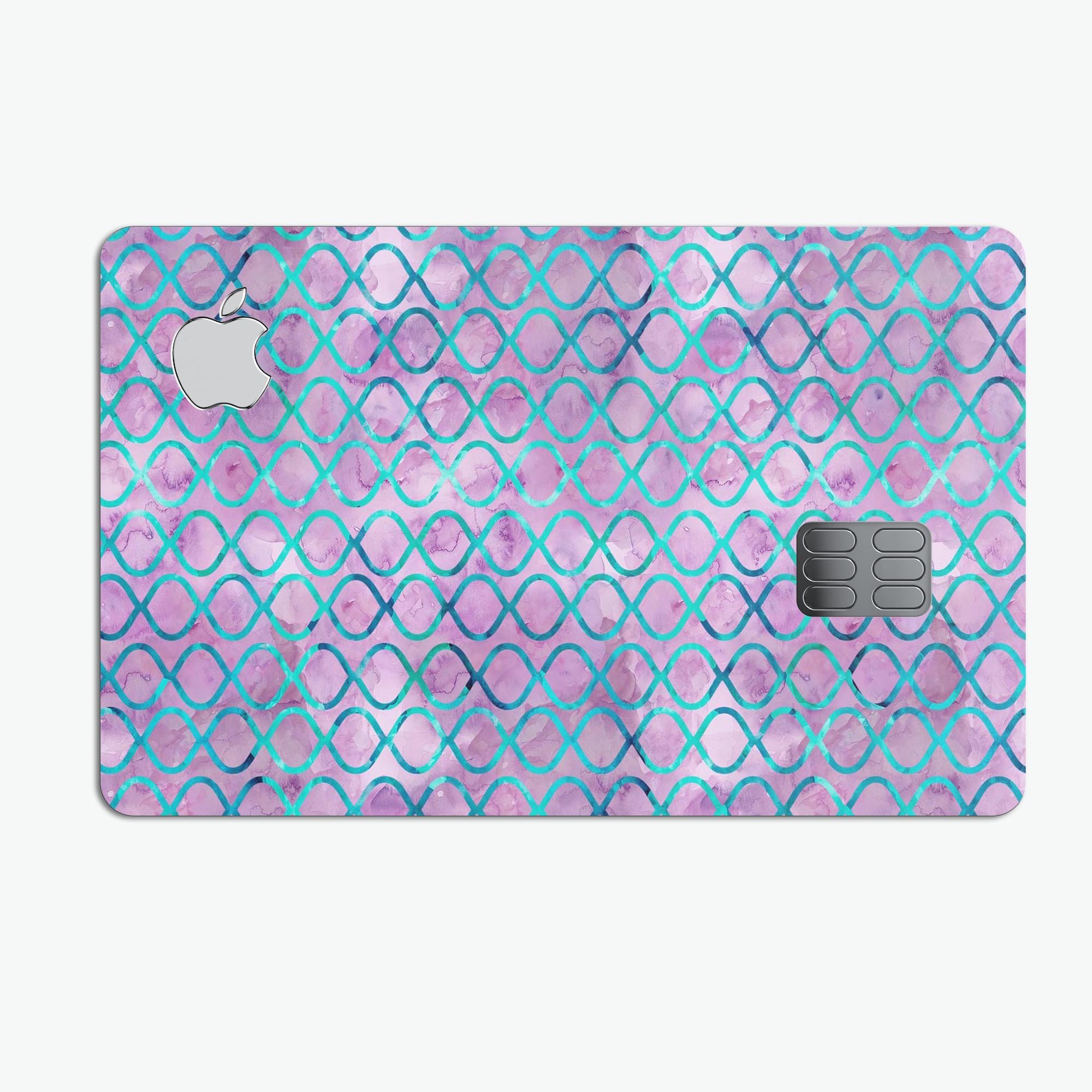 Purple and blue watercolor helix pattern protective decal for Apple Card, showcasing vibrant colors and a stylish design.