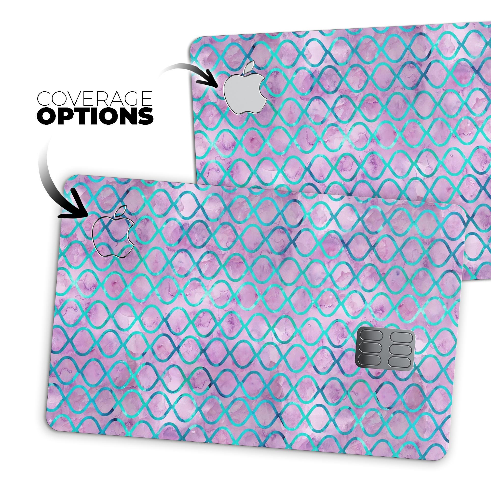 Purple and blue watercolor helix pattern protective decal for Apple Card, showcasing vibrant colors and a stylish design.