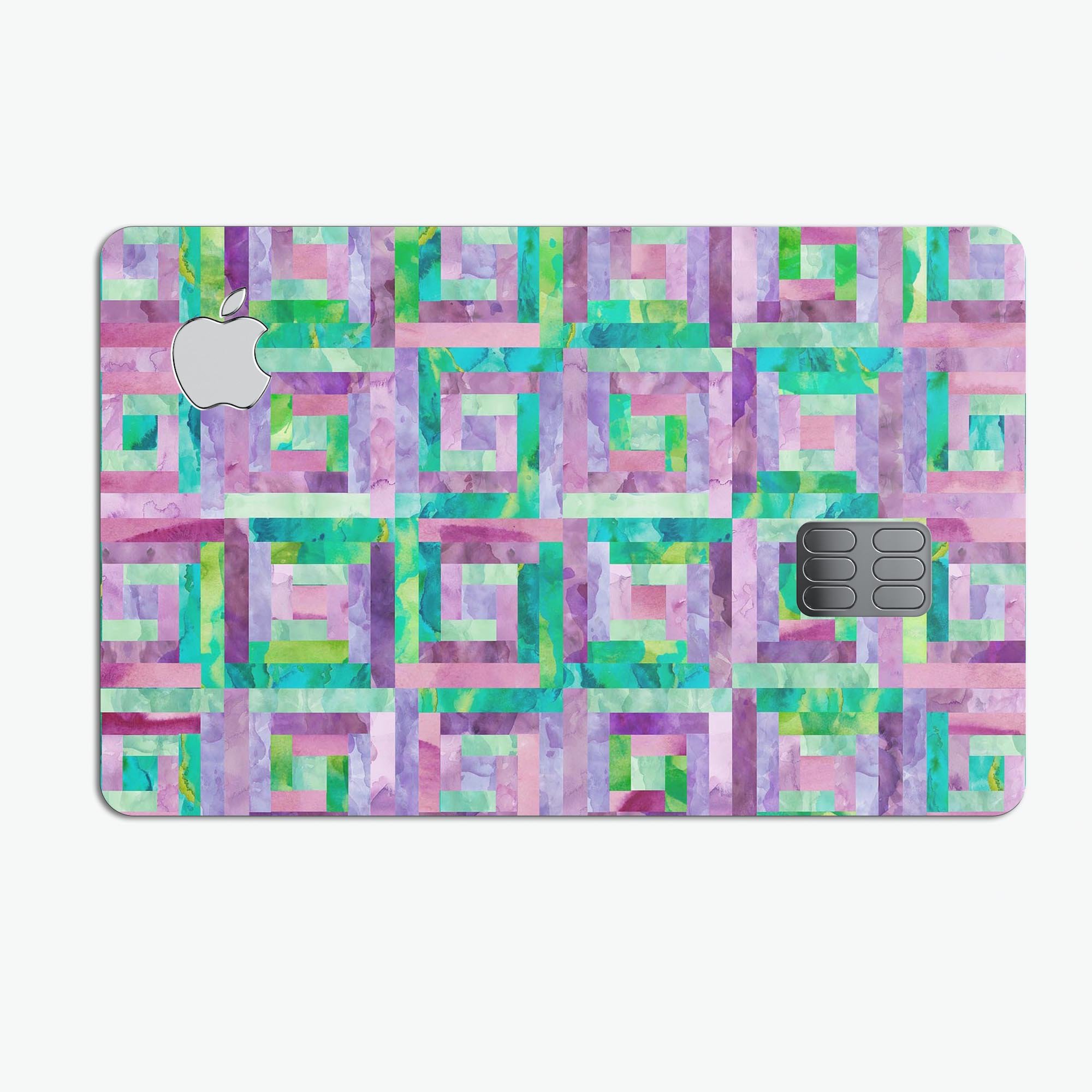 Purple and green watercolor patchwork decal designed for Apple Card protection, showcasing vibrant colors and a stylish finish.