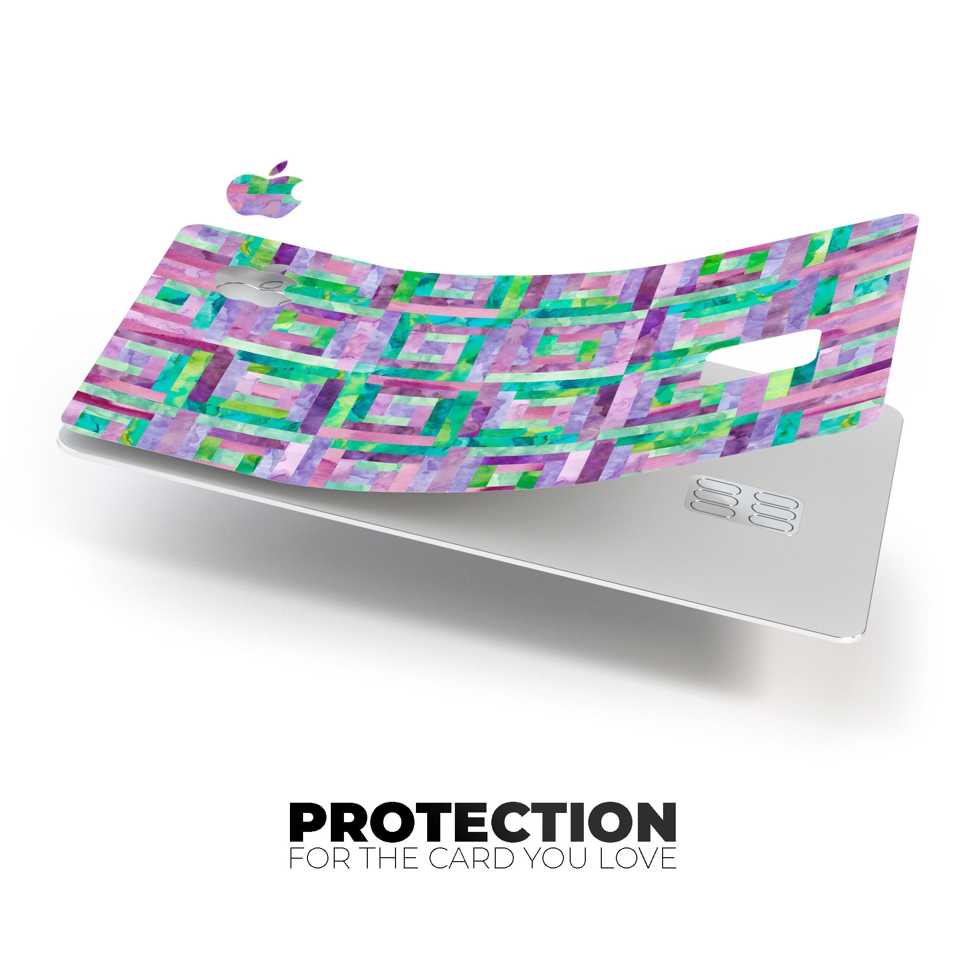 Purple and green watercolor patchwork decal designed for Apple Card protection, showcasing vibrant colors and a stylish finish.