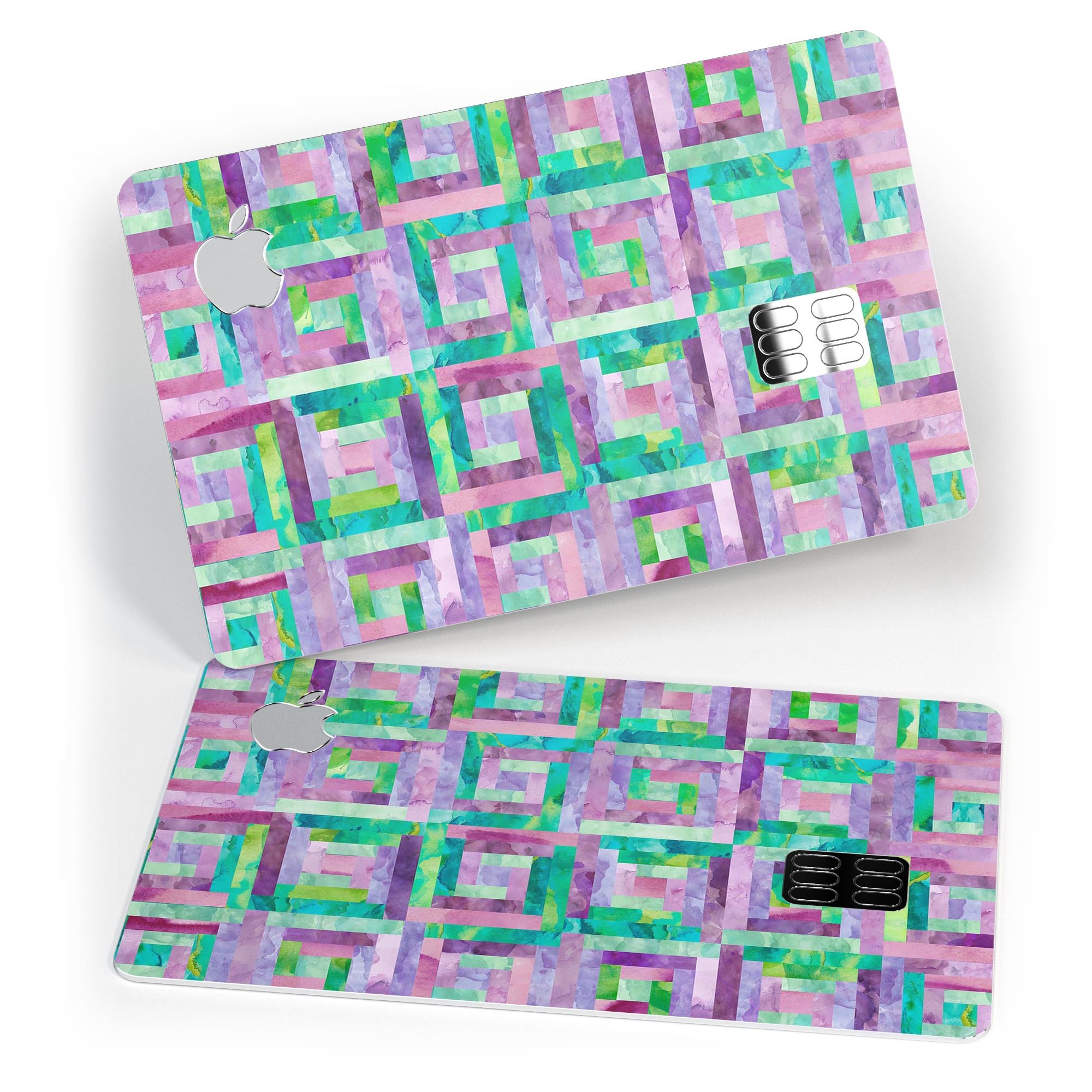 Purple and green watercolor patchwork decal designed for Apple Card protection, showcasing vibrant colors and a stylish finish.