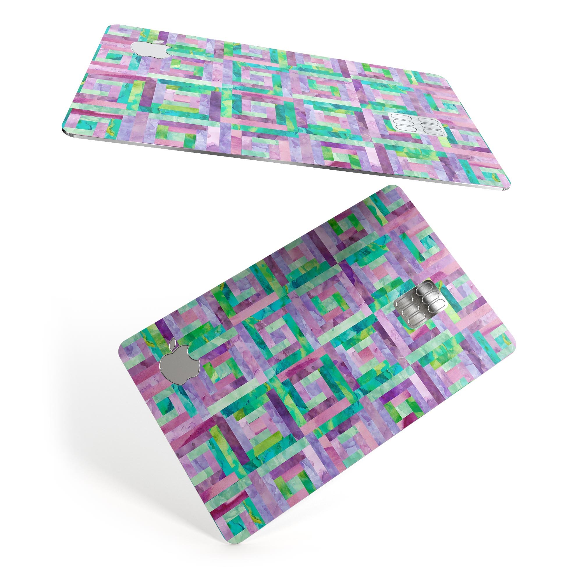 Purple and green watercolor patchwork decal designed for Apple Card protection, showcasing vibrant colors and a stylish finish.