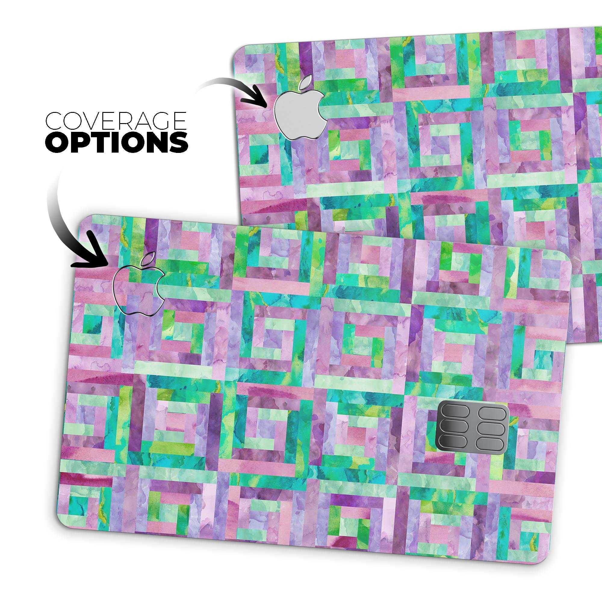 Purple and green watercolor patchwork decal designed for Apple Card protection, showcasing vibrant colors and a stylish finish.