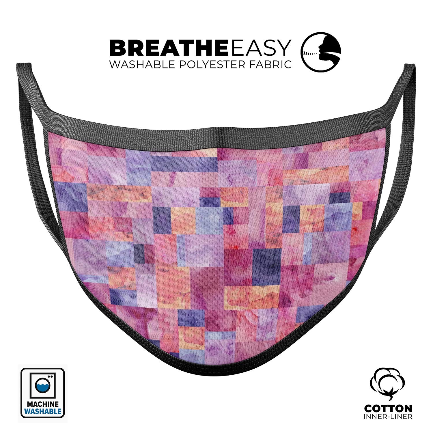 Purple and Pink Watercolor Patchwork mouth cover, showcasing vibrant colors and a comfortable design, made in the USA.