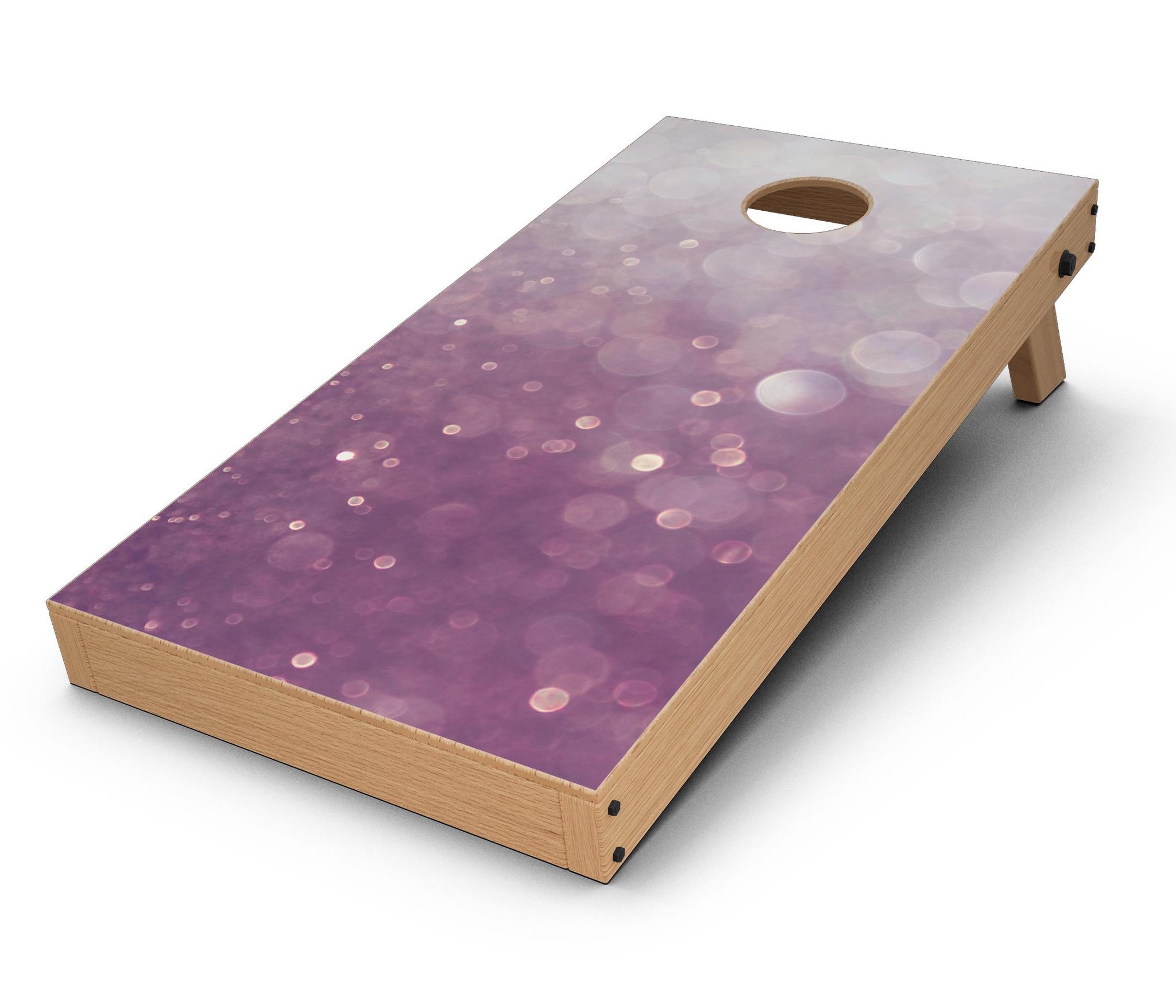 Purple and White Unfocused Orbs of Light Cornhole Board Skin Decal Kit displayed on a Cornhole board, showcasing vibrant colors and unique design.