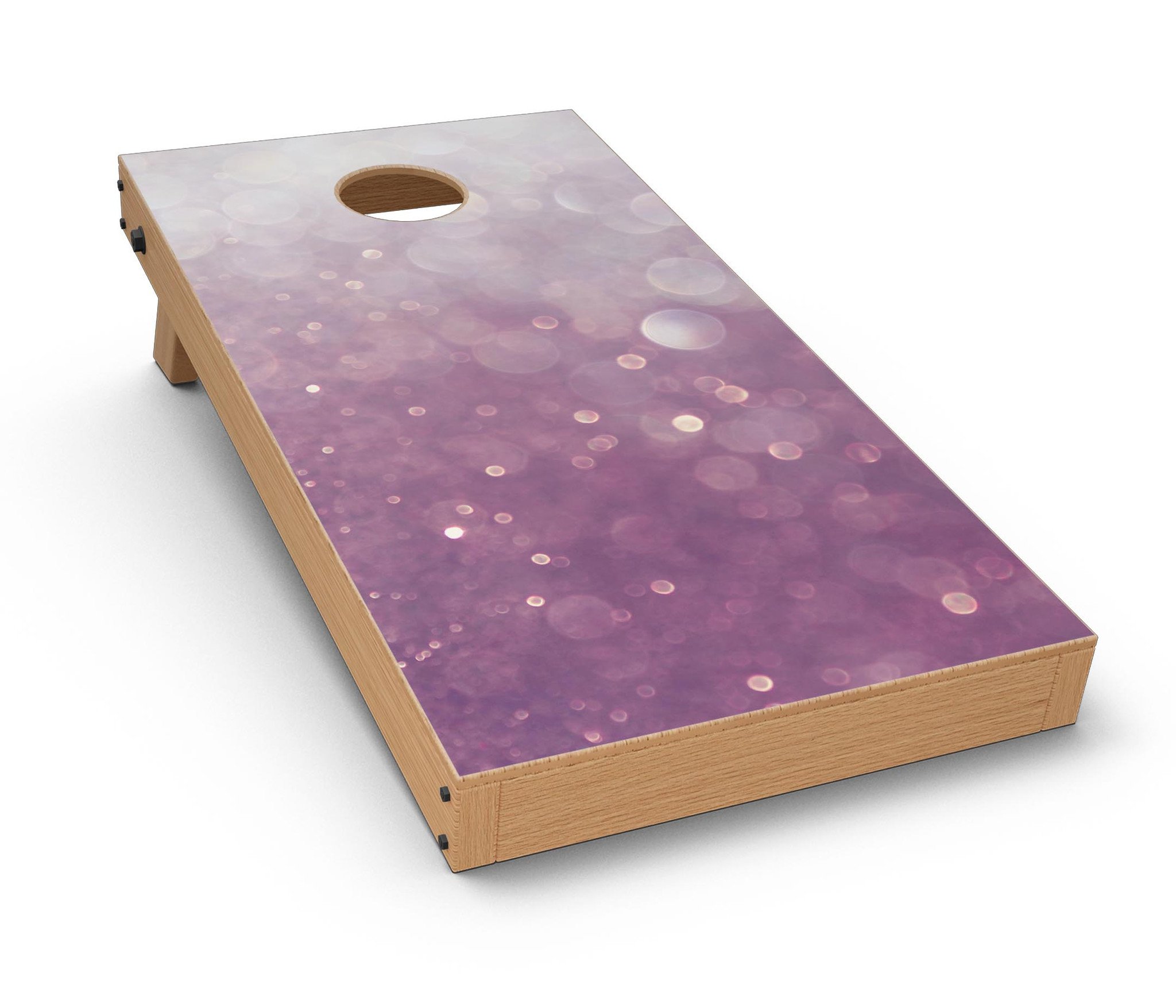 Purple and White Unfocused Orbs of Light Cornhole Board Skin Decal Kit displayed on a Cornhole board, showcasing vibrant colors and unique design.