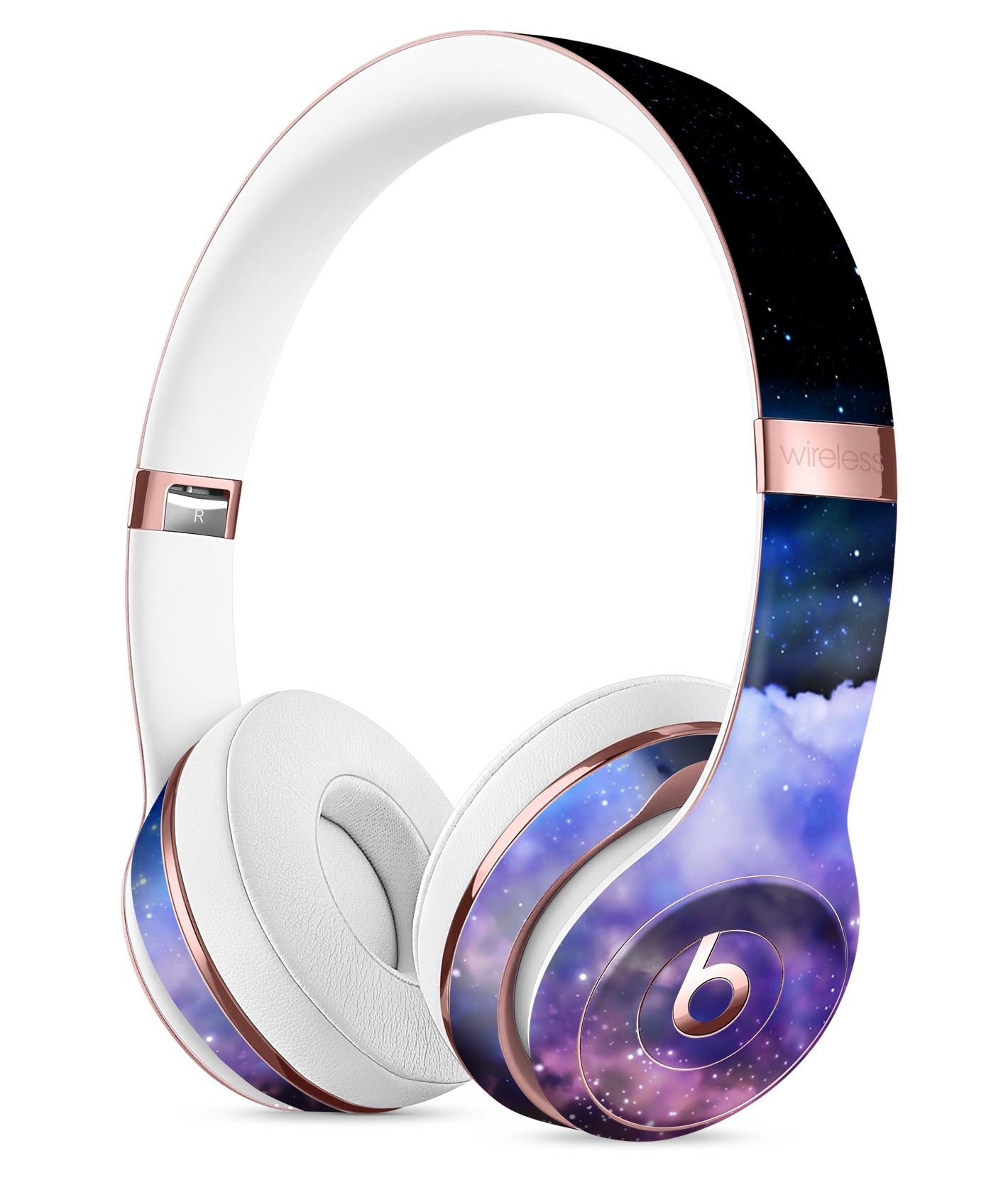 Purple Blue and Pink Cloud Galaxy Full-Body Skin Kit for Beats by Dre Solo 3 Wireless Headphones, showcasing vibrant colors and design.