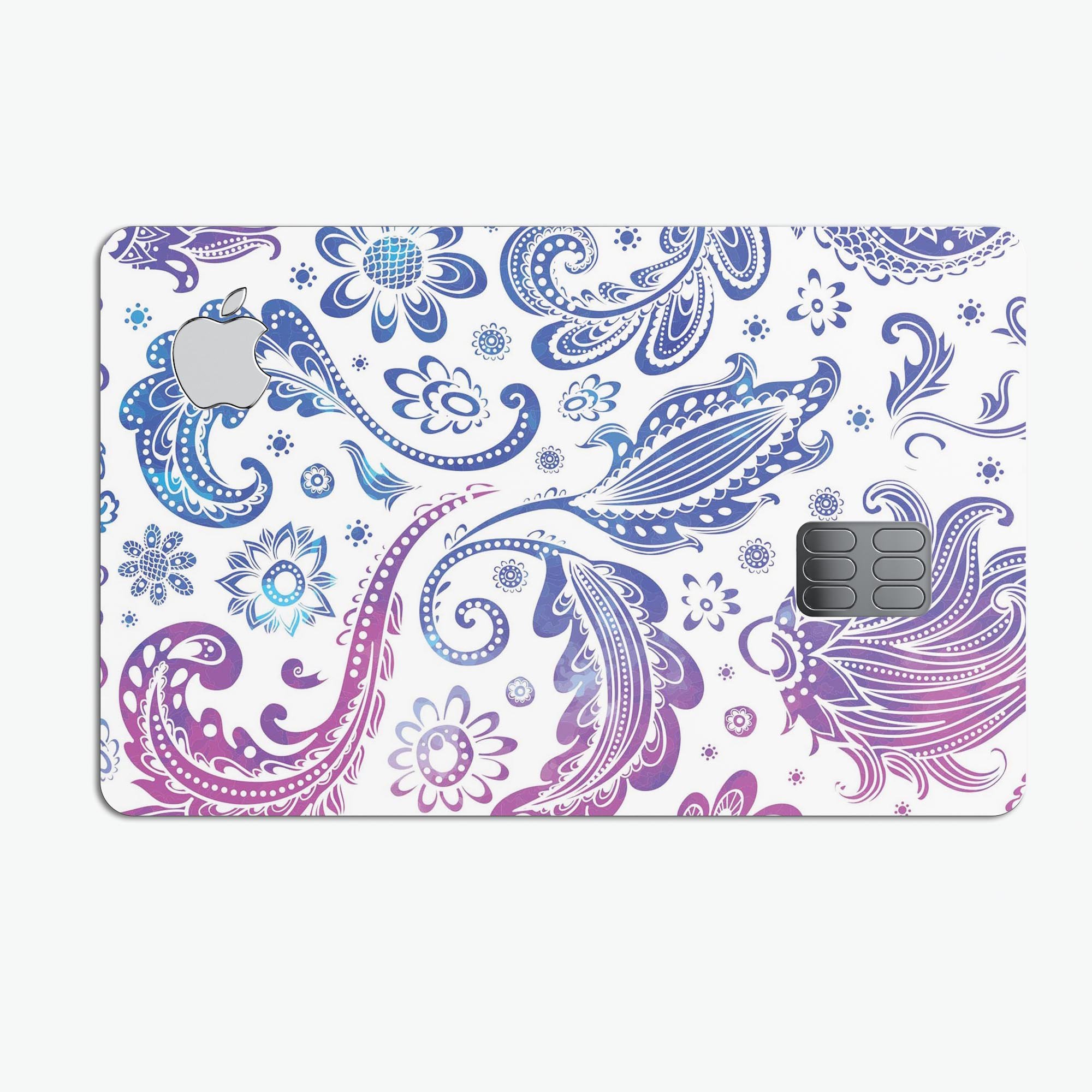 Purple and blue flowered premium decal skin kit for Apple Card, showcasing vibrant floral design and protective features.