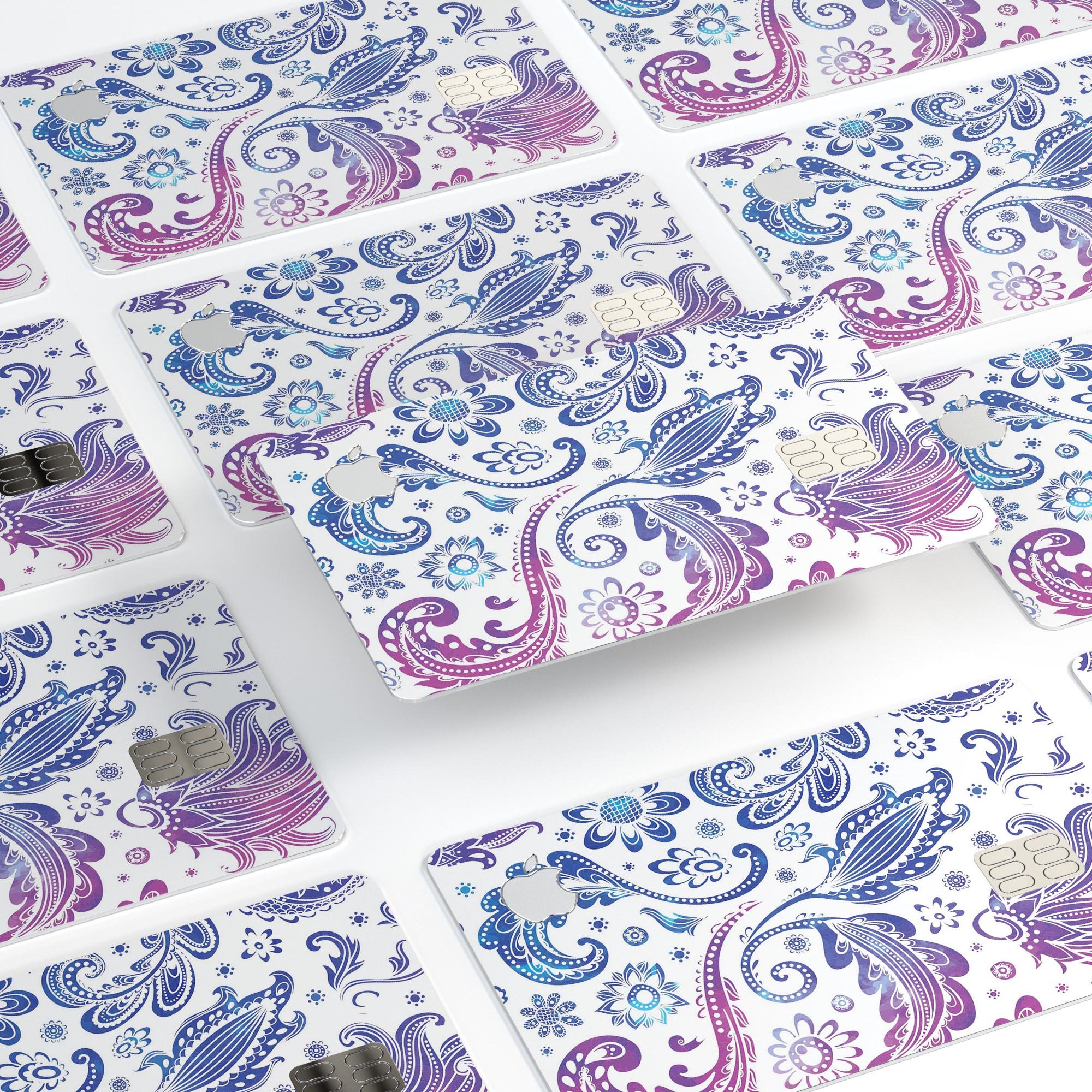 Purple and blue flowered premium decal skin kit for Apple Card, showcasing vibrant floral design and protective features.