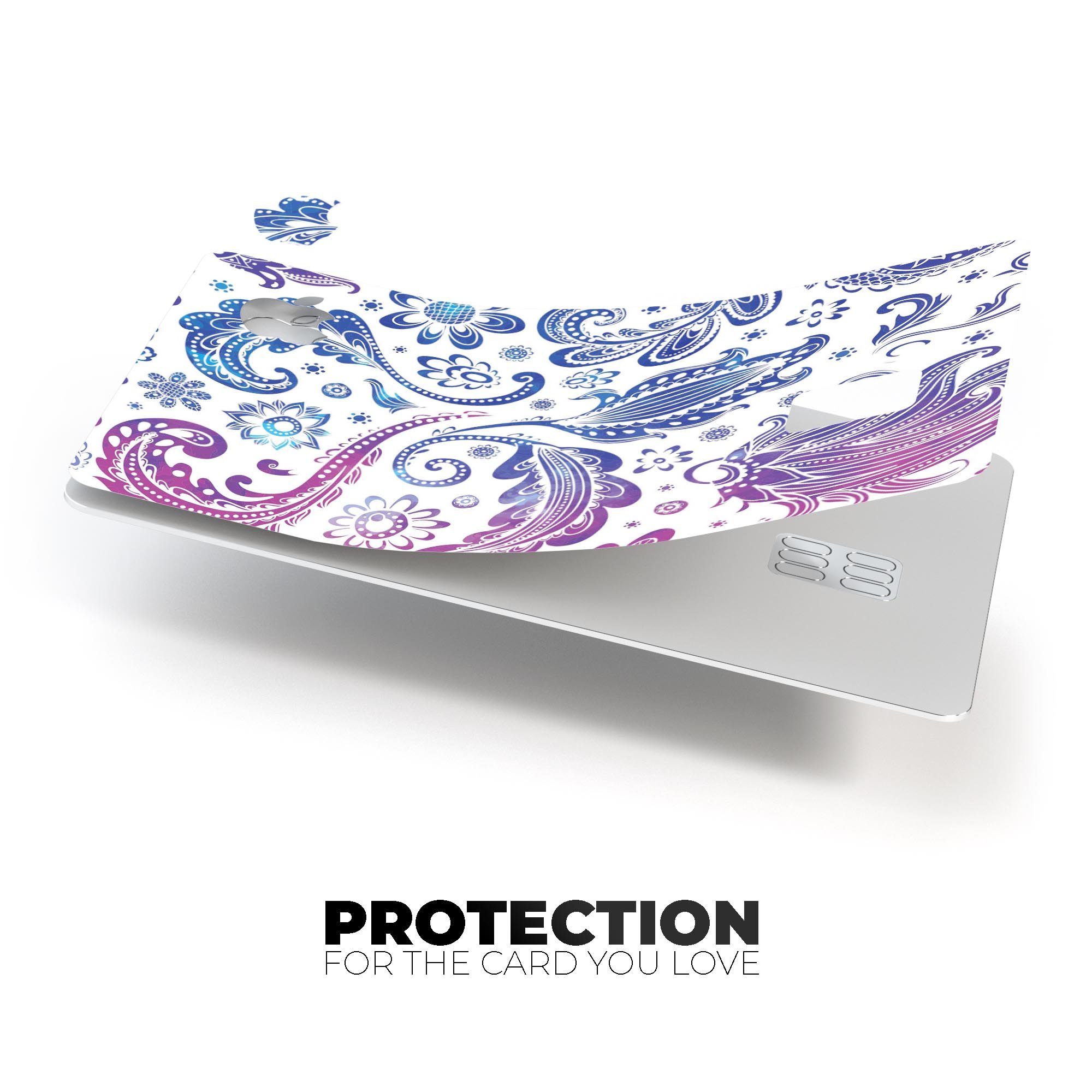 Purple and blue flowered premium decal skin kit for Apple Card, showcasing vibrant floral design and protective features.