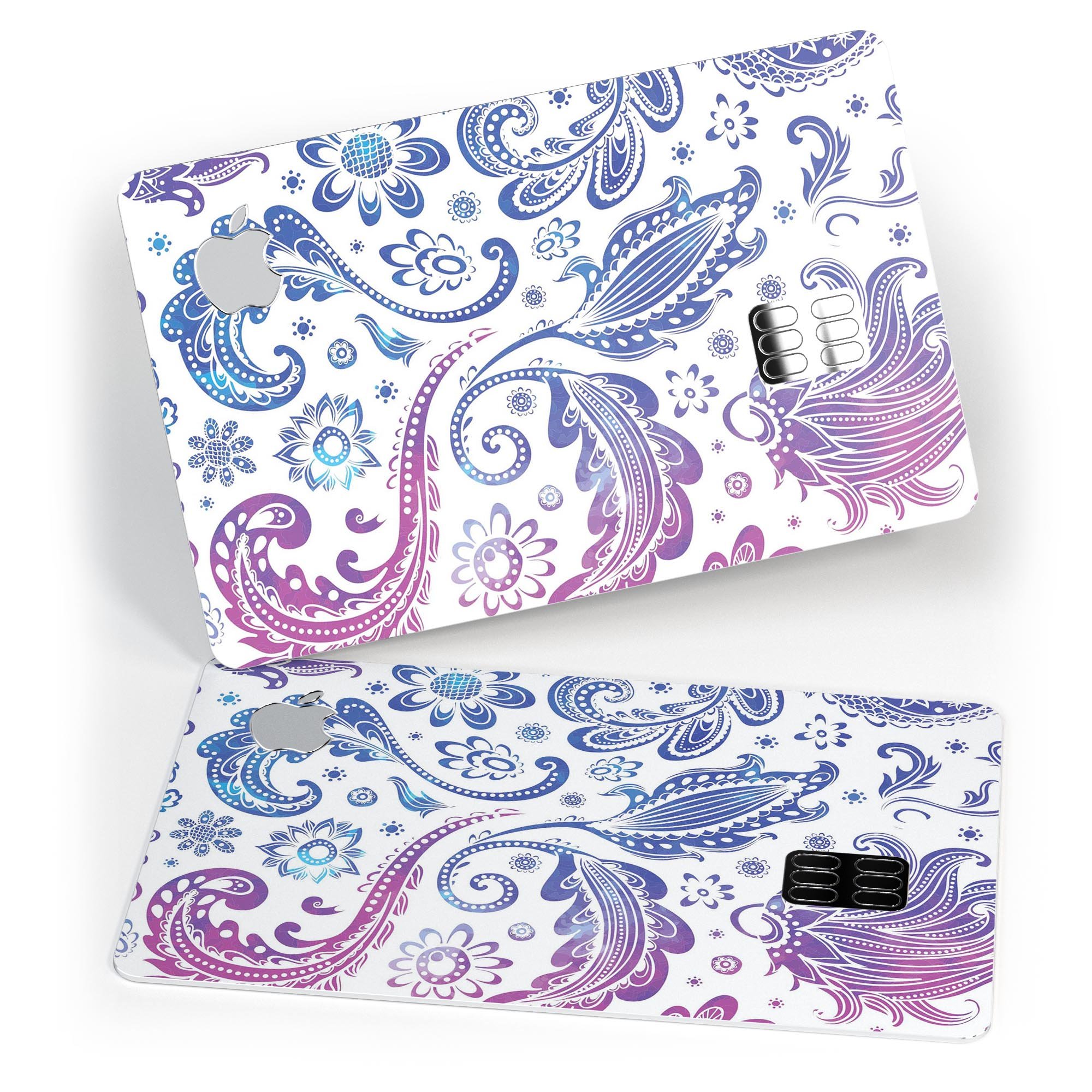 Purple and blue flowered premium decal skin kit for Apple Card, showcasing vibrant floral design and protective features.