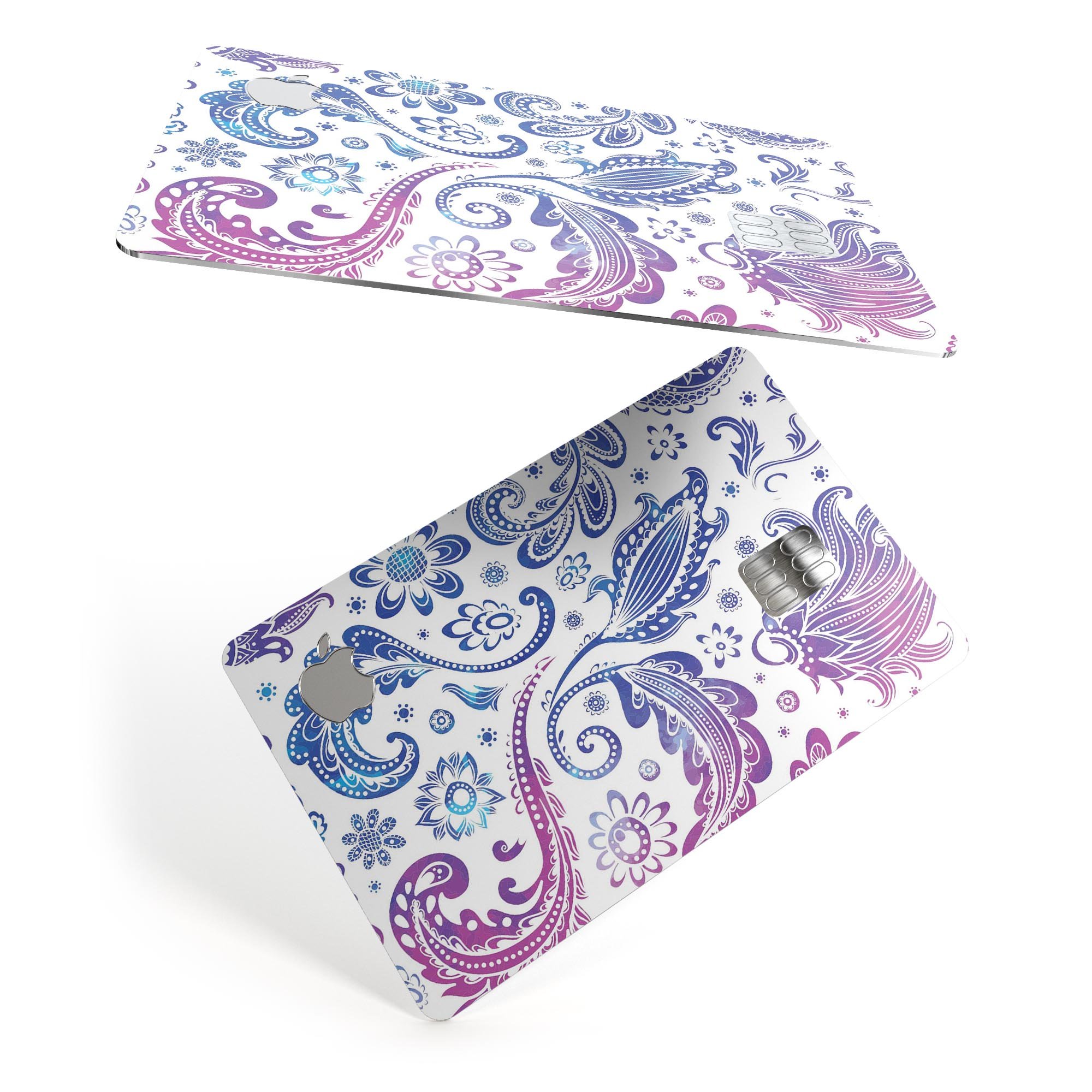 Purple and blue flowered premium decal skin kit for Apple Card, showcasing vibrant floral design and protective features.