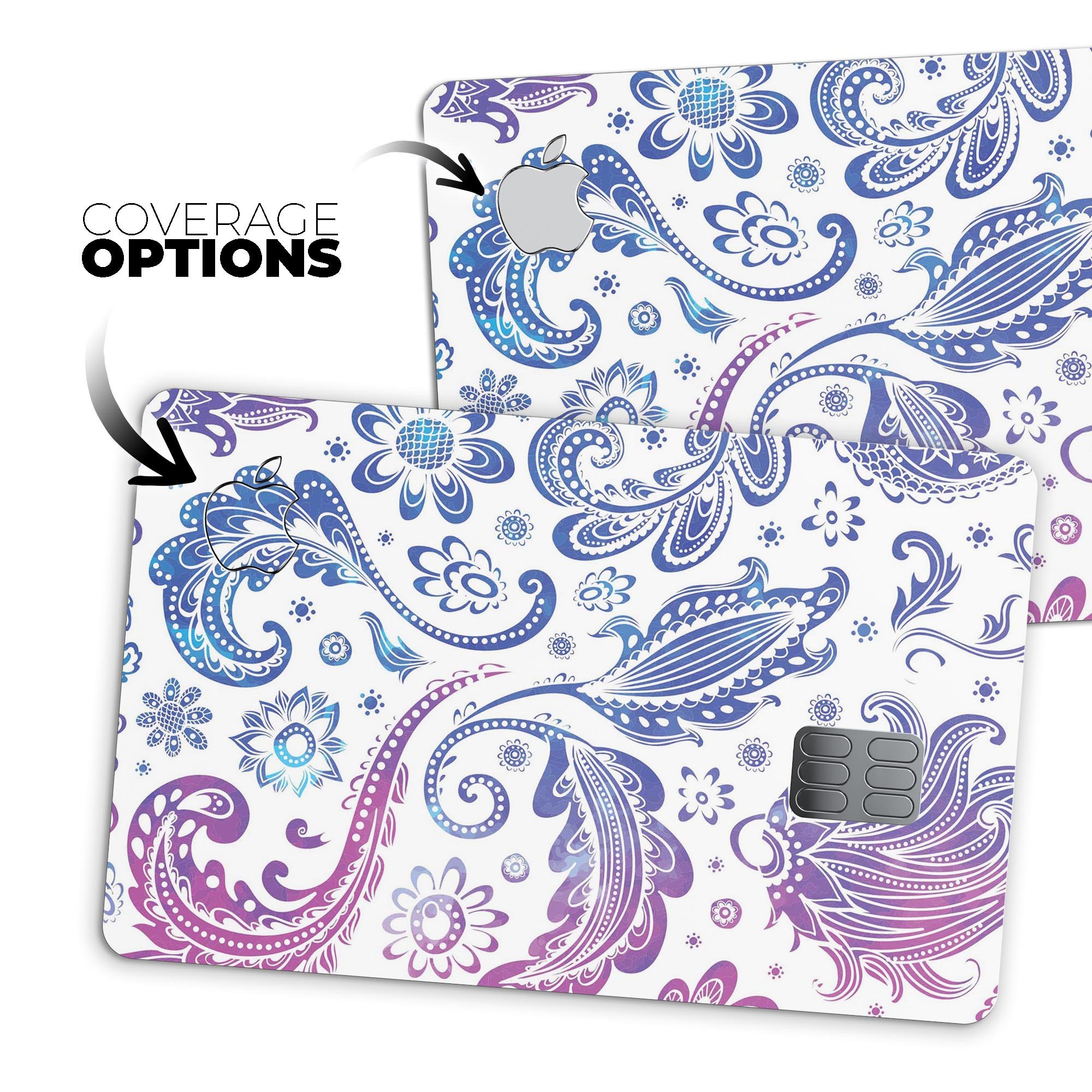 Purple and blue flowered premium decal skin kit for Apple Card, showcasing vibrant floral design and protective features.